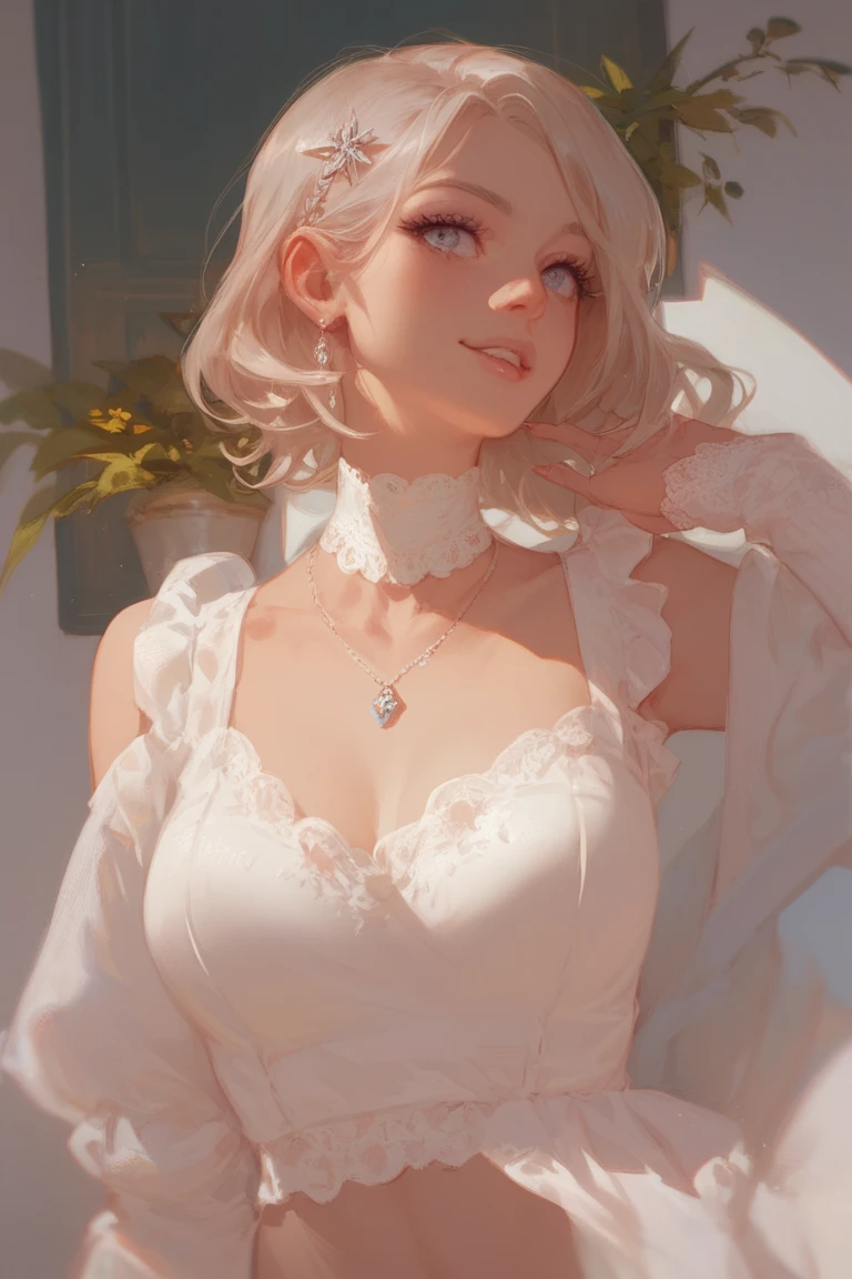 ((((masterpiece, best quality, high resolution)))), Extremely detailed 8K, Beautiful girl with slender body, (Ultra HD, Ultra-detailed, Highly detailed, Highly realistic, Ultra-realistic, photograph realistic), (1girl:1.5), (Realistic white hair), short wavy hair, bob cut, purple eyes, average breasts, cleavage, (dynamic poses), facing at camera, light smile, parted lips, (beautiful detailed face, beautiful detailed eyes) blush, light smile, glow, thighs, bare shoulders, collarbone, narrow waist, cleavage, bedroom, night, night light, (wedding dress, bridal veil, bridal garter)
