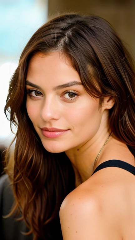 Photograph of a 26-year-old woman, on Stage, performing, singer artist, dancer pose, asia mix, perfektes Gesicht, Meisterwerk, realistisches Aussehen, sportliche figur, 170cm tall, slightly tanned skin, realistische haut, charming smile, braune haare, southern type woman, augen auf die kamera gerichtet, nachmittag, sommer, 50mm focus length, dunkle braune augen, big eyes, Beautiful eyelashes, natural makeup, anatomically correct, super detail, high details, high quality, award winning, highres, accurate, retina, seductive smile