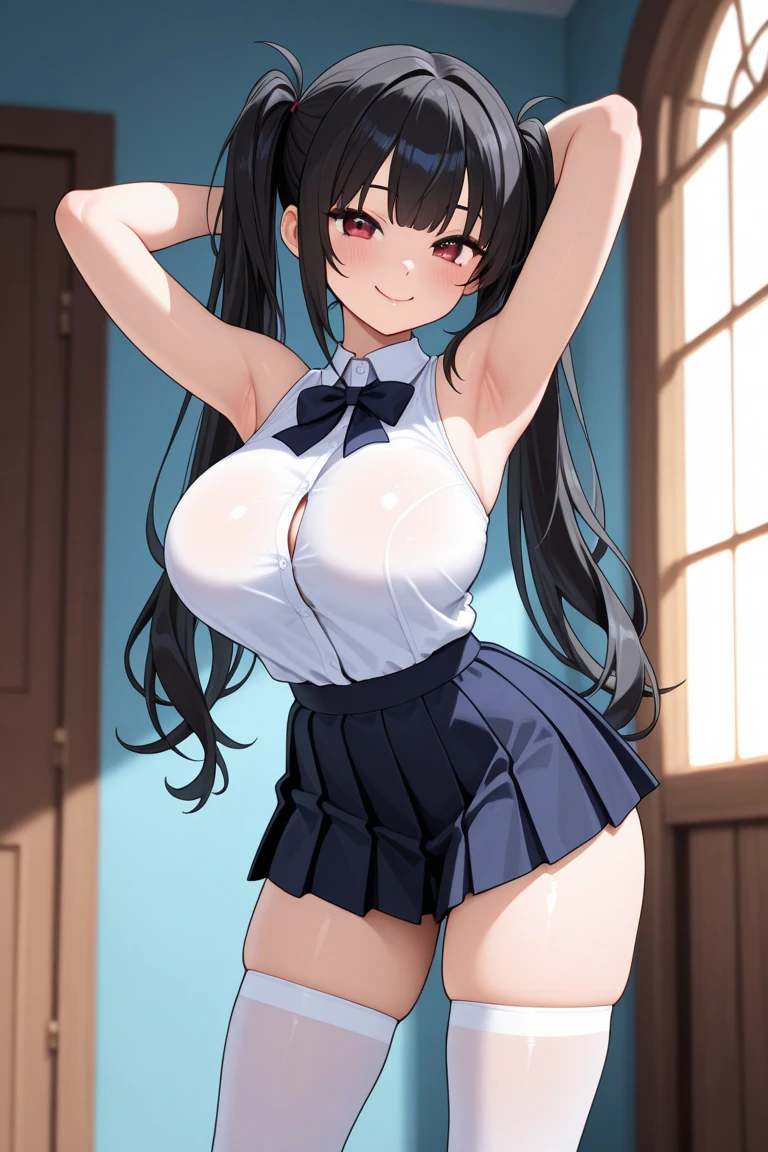 1girl, solo, long hair, breasts, looking at viewer, blush, smile, open mouth, bangs, large breasts, hair ornament, bow, animal ears, cleavage, :d, pantyhose, thighs, indoors, bowtie, black footwear, rabbit ears, high heels, arms up, leotard, wrist cuffs, covered navel, thigh strap, fake animal ears, highleg, playboy bunny, highleg leotard, (8k, RAW photo, best quality, masterpiece:1.2), 1girl,solo,mature female,black hair,brown eyes,long hair, breasts, cleavage,((playboy bunny,rabbit ears)),looking at viewer, black pantyhose, outdoors,