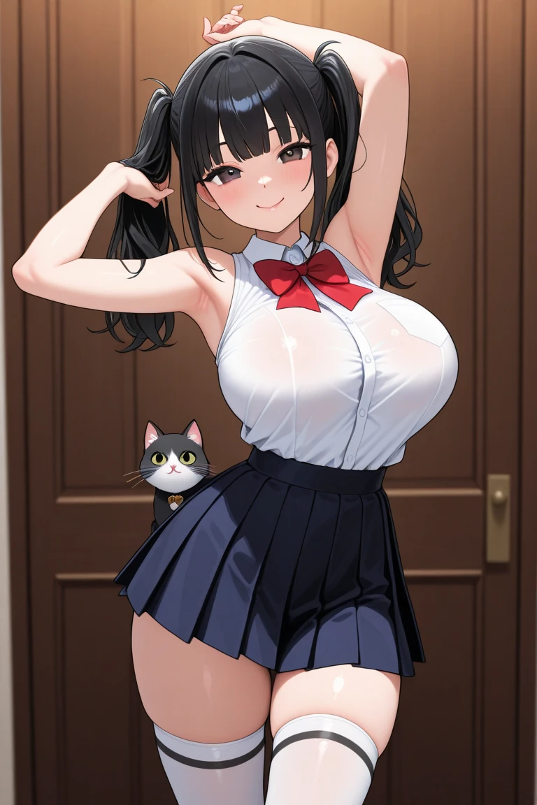 (masterpiece, best quality, highres, dragon ball, Gine, black hair, blunt bangs, short hair, Bulma playboy bunny outfit, playboy bunny, rabbit ears, ((blue pantyhose)), red bowtie, wrist cuffs, (black leotard), large breasts, Saiyan Tail, cowboy shot, confused expression, ((groping boobs:1.2)), indoors, leaning forward, 2 arms, looking downwards at herself, (groping own boobs), ((solo)), ((1girl))
