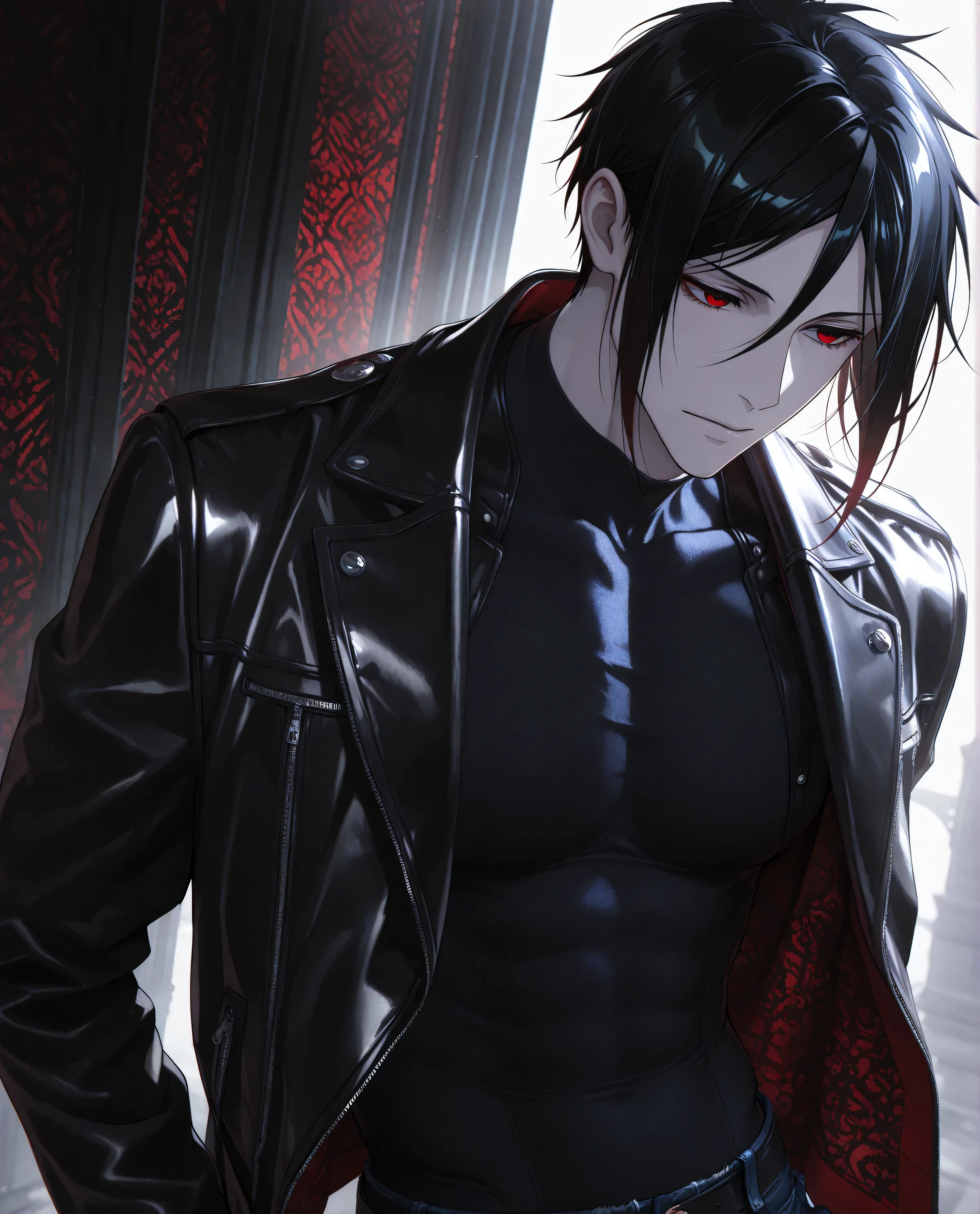 (masterpiece:1.2), (best quality:1.2), (very aesthetic:1.2), ,(newest),(highly detailed),(dynamic lighting),(cinematic lighting),1 man, adult, Sebastian Michaelis, Kuroshitsuji, solo, black hair, red eyes, handsome, sexy man, sensual, pale skin
,solo, cool_man_style, male cool clothes, cool fashion, intricate clothes, intricate accessories, intricate patterns, cool, stylish, compression shirt, black leather jacket, torn jeans, sneakers,  standing , upper body , (portrait), looking at forward,dynamic angle,cinematic lighting , cinematic angle, soft light , color detail, backlighting,long exposure,  intricate colors, vibrant colors, ,8K, UHD, abstract background, white background,  best quality, soft lines, clear details 