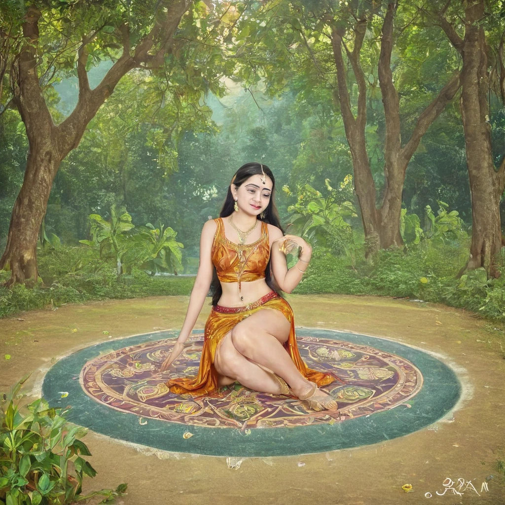 a oil painting of "Shakuntala" the famous mythological female character who exceptionaly beautiful, Apsara, Mohini, Kamini, based on Hindu mythology in Raja Ravi Varma Painting style, in baroque painting style, 19th century Academic Art, oviyar maruthi , exotic Indian art, oviyar maruthi painting,