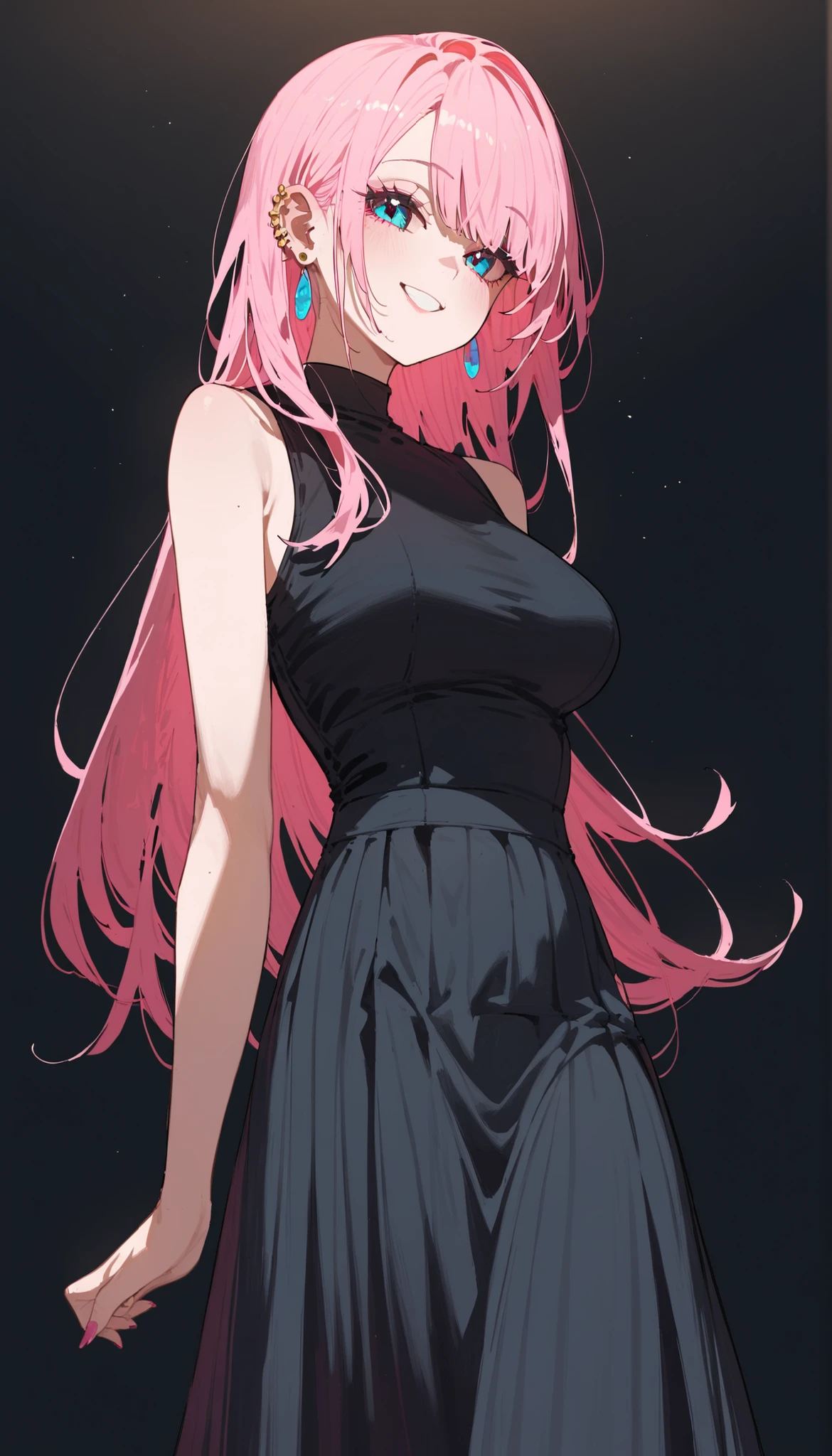 girl, Pink Hair,Blue Eyes,slim,medium face,long hair,piercing ears, Sleeveless Top,Long dress ,Hole Punch Kit,Black suit,Milf,t-shirt,belly, Skirt,,sclera black,,smile,