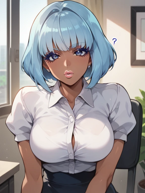 1girl,solo,looking at viewer, ,indoors,cowboy shot, huge breasts,leaning back, crossed legs, ,(rpk16suit:1.6), ,(shiny skin),(masterpiece:1.4),(best quality:1.4),coloredic0n icon,upper body, smile, blush, moody lighting,office,sitting in a office chai
