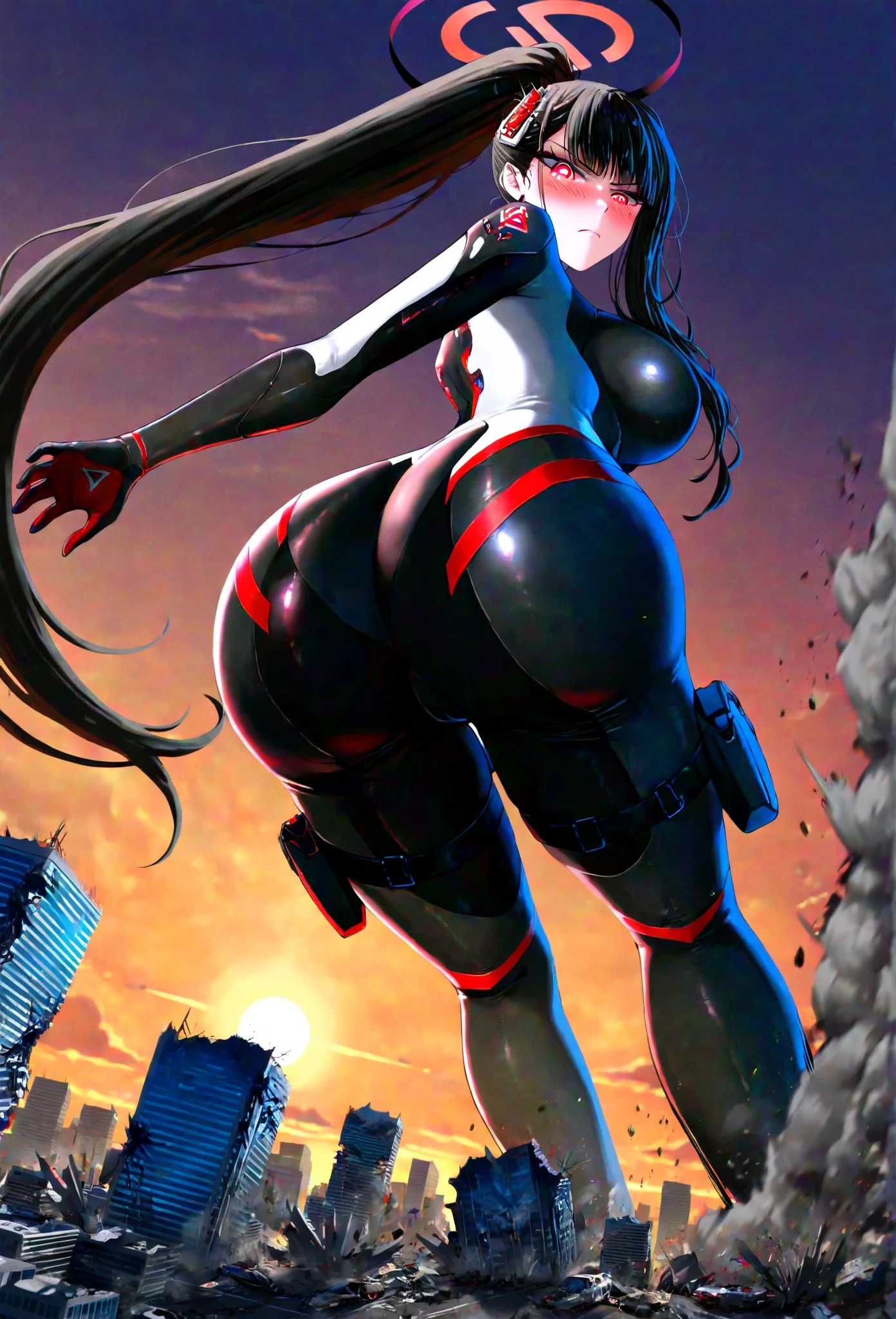 (best quality:1.3), Ultra Detailed, sharp focus, vibrant colors, (Depth-of-field:1.0), (super fine-illustration:1.0), (colorful details:0.0), detailed background, (natural lighting, natural shading:1.0),
(girl), 18-year-old, slim body, small waist, Small Ass, breasts, (laugh:1.2), open mouth, diamond hair, deep blue eyes, delicate hair, shiny hair, detailed skin texture, shiny skin, (Mecha girl:0.6), (mechanical suit:0.9), White and orange clothes,
rampage, destruction, city, urban model, (blue sky:1.0),
(full body shot:1.2), (from behind:1.0), (from above:1.3), (looking away:0.3), (Reaching out towards the camera:1.5)