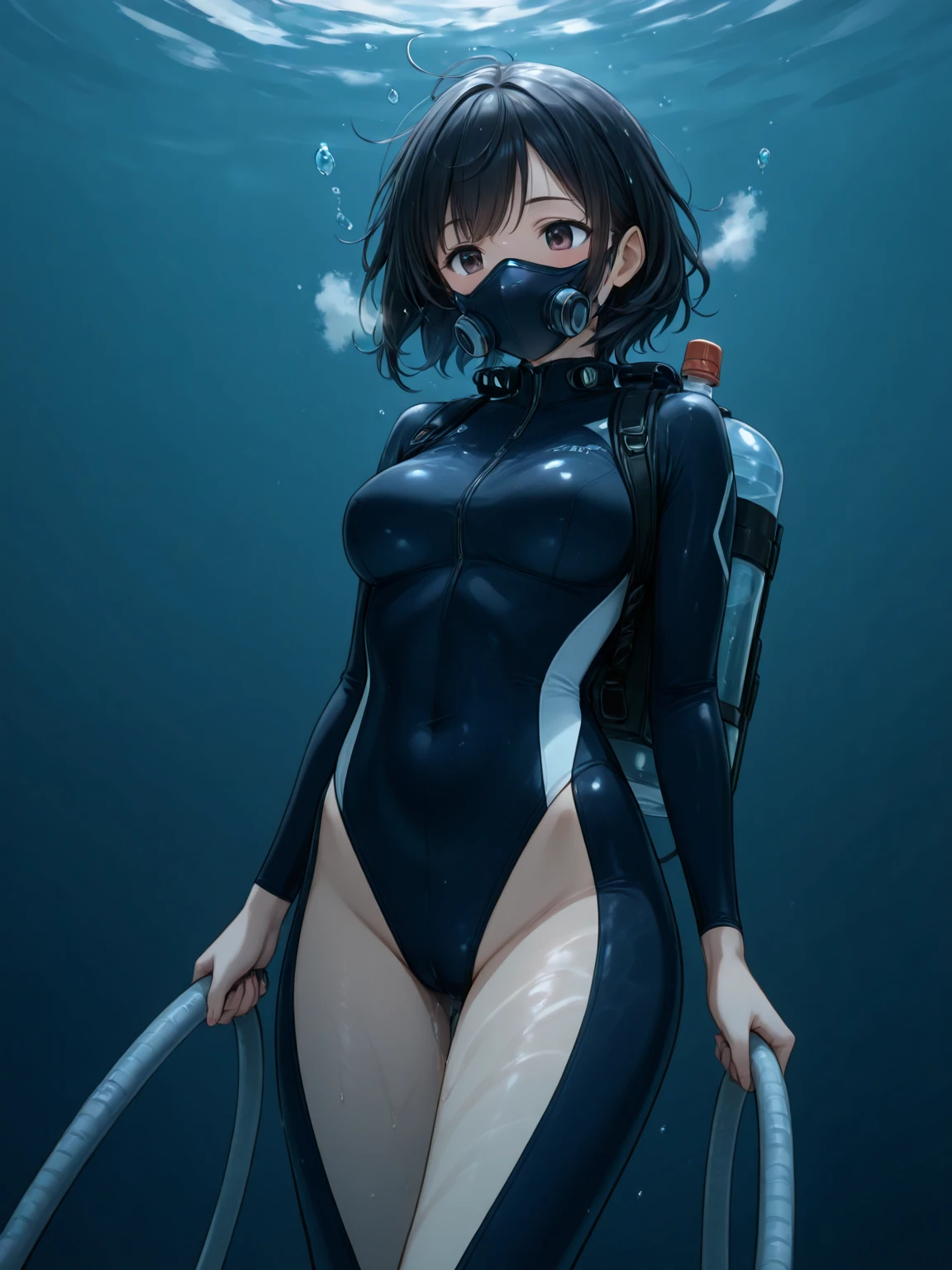 1womanl, Solo, 24 year old, (cute  face), (Ideal body proportions), ((Composition from head to thigh)), On top of the yacht, scuba, Light blue wetsuit, Upper body bikini swimsuit, Drenched hair, The erection, Carmelto, Sexy body, Wet, Smile, short-hair, Dark hair, small tits, slenderness, Small buttocks, Beautiful legs, Skinny Legs, One-person viewpoint, masutepiece, ((Anatomically correct))