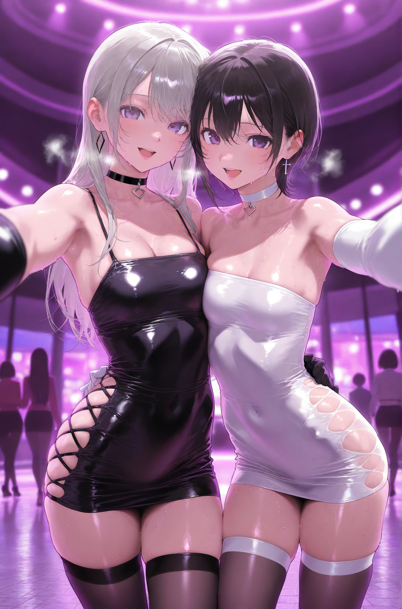 masterpiece, best quality, 2girls, 10yo, (petite),
 smile, standing, dancer, flat chest, strip_club_venue, neon, Underground Club,