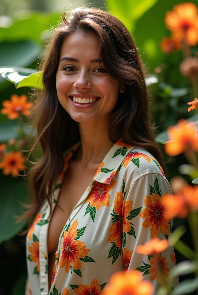 A Brazilian woman in a lush tropical garden, wearing an open shirt with a floral print, with a close-up capturing the harmonious beauty between her breasts and the natural flowers, showing off your natural charm and outgoing personality.
