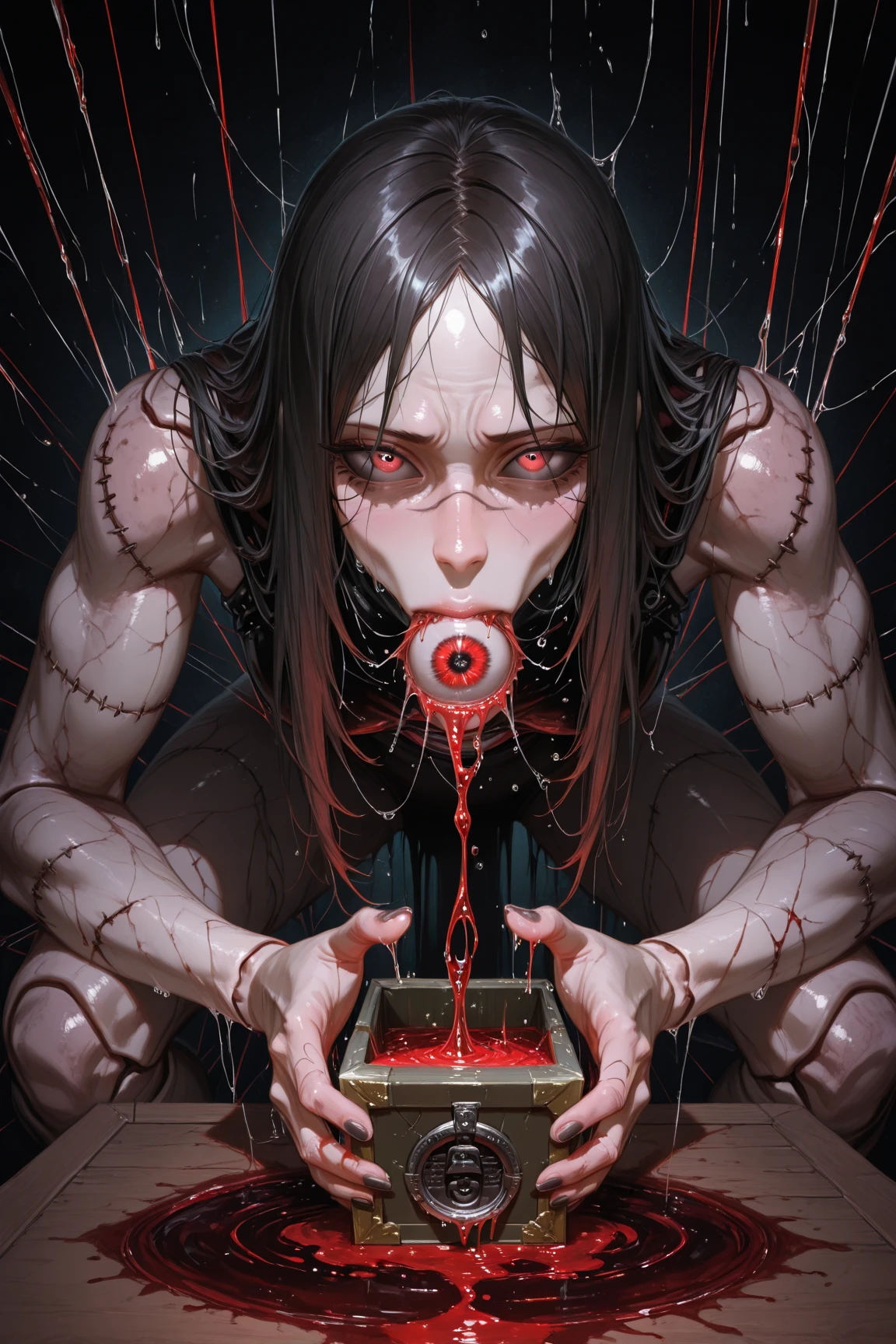 (best quality), (top quality), (dark), (whole body), (melancholy), (sadness), (agony), (terror), (horror), (dark), (vibrant colors), (bright), (neon), (neon clothing), (realistic photo), (real photo), (full body) PIN UP dark doll, shattering, bloodstained, crying blood, being photographed in a toy box. --auto --s2