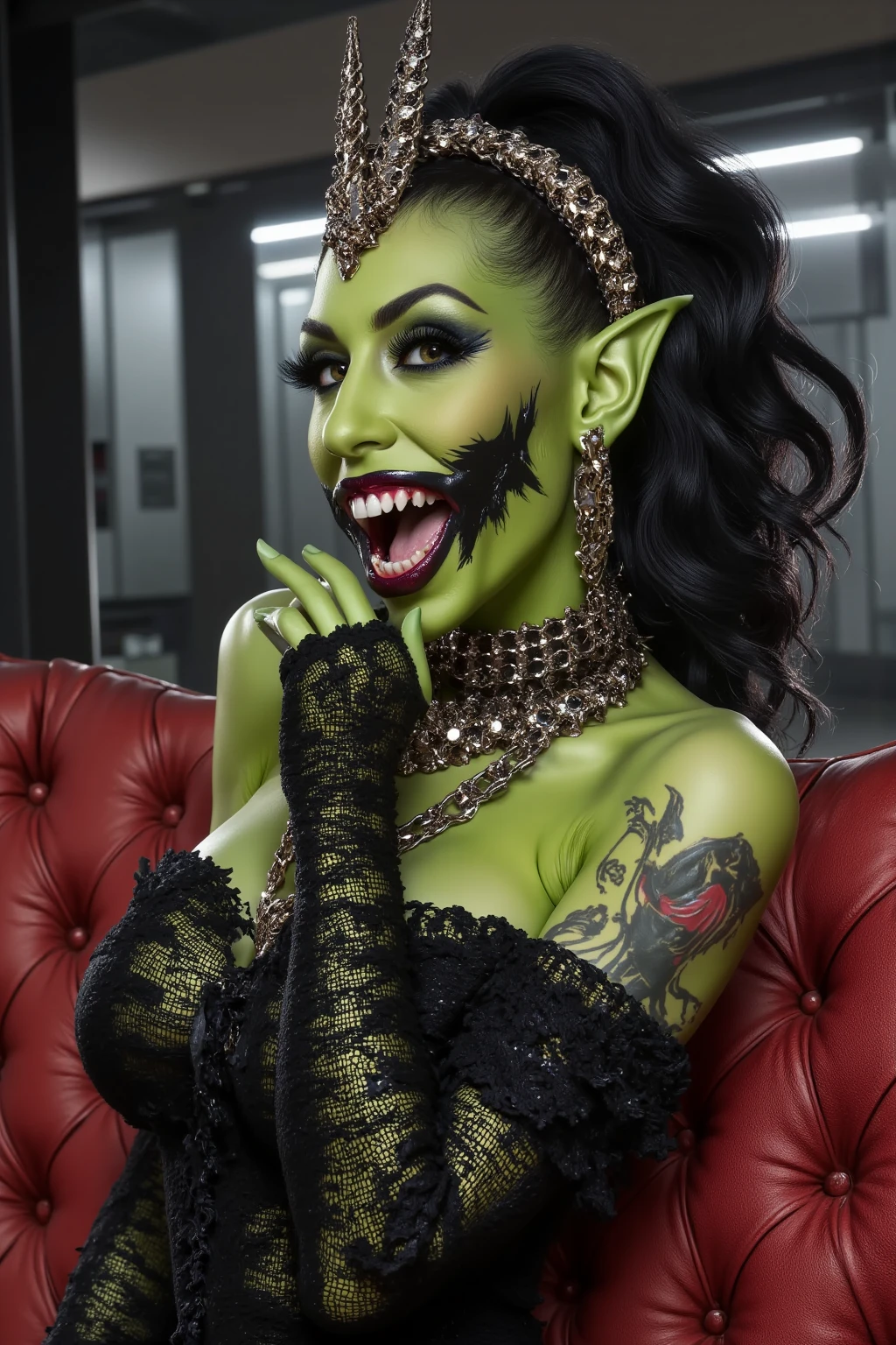  gothic party setting with a neon-red-long-haired demoness celebrating Ideogram's 1-year birthday. The demoness, with vibrant green skin, is wearing a dark lace attire and is tearing into a decadent chocolate cake. The background is filled with gothic decor, including candles, skulls, and intricate patterns. The lighting is dramatic, with shadows cast on the walls.