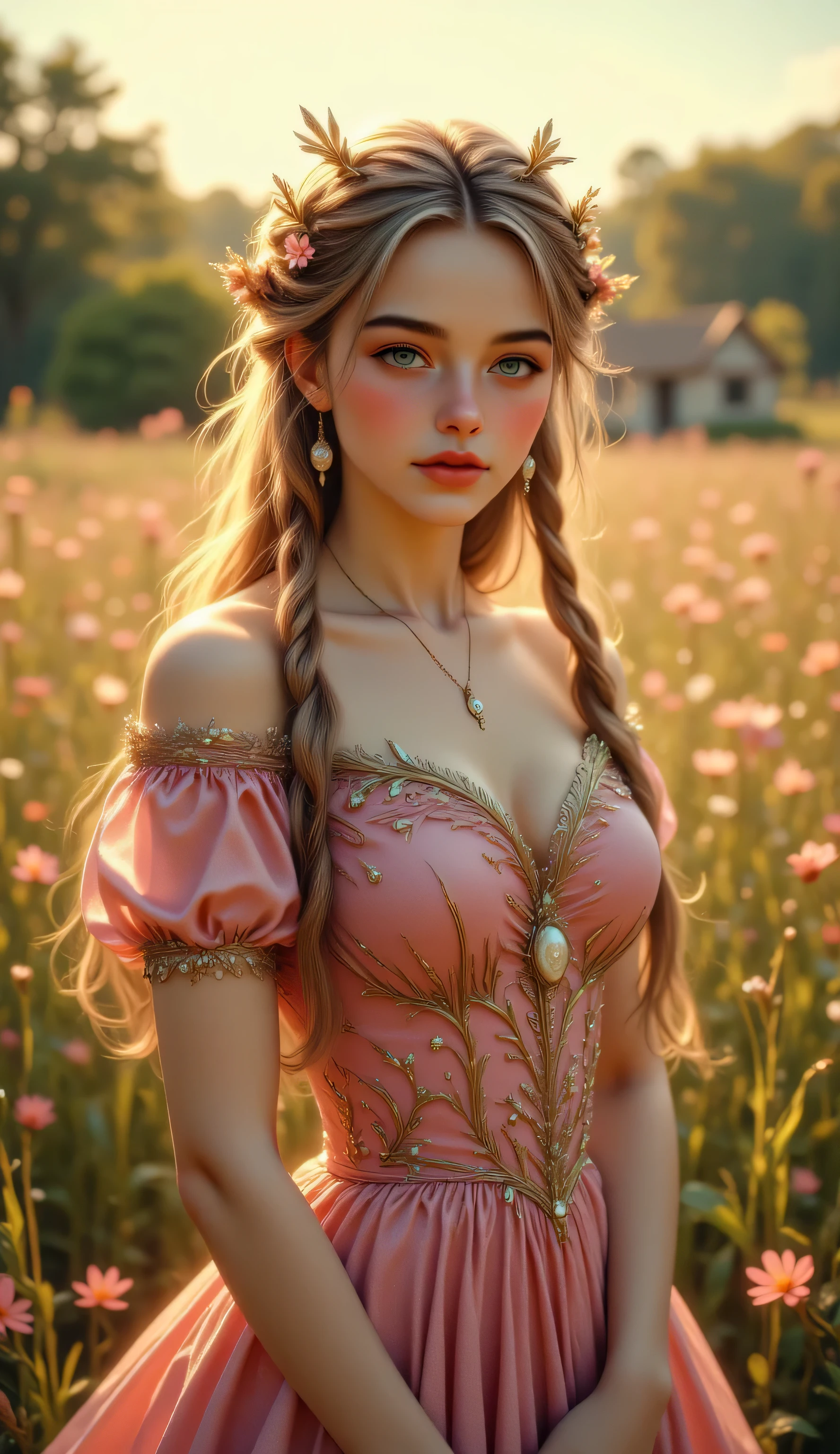 A soft-focus portrait photograph of a young woman embodying the raspberrycore aesthetic. She has long, wavy raspberry-colored hair with subtle, playful braids intertwined with dried flowers and delicate ribbons, and her eyes are a dreamy, misty hazel. She is wearing a vintage raspberry-print dress with puffy cap-sleeves and a boatneck collar, complemented by antique lace gloves, and stands gracefully in a sun-drenched meadow. The background features a hazy raspberry bramble bathed in golden hour light, creating a nostalgic and ethereal atmosphere with hints of a quaint, overgrown cottage in the distance.