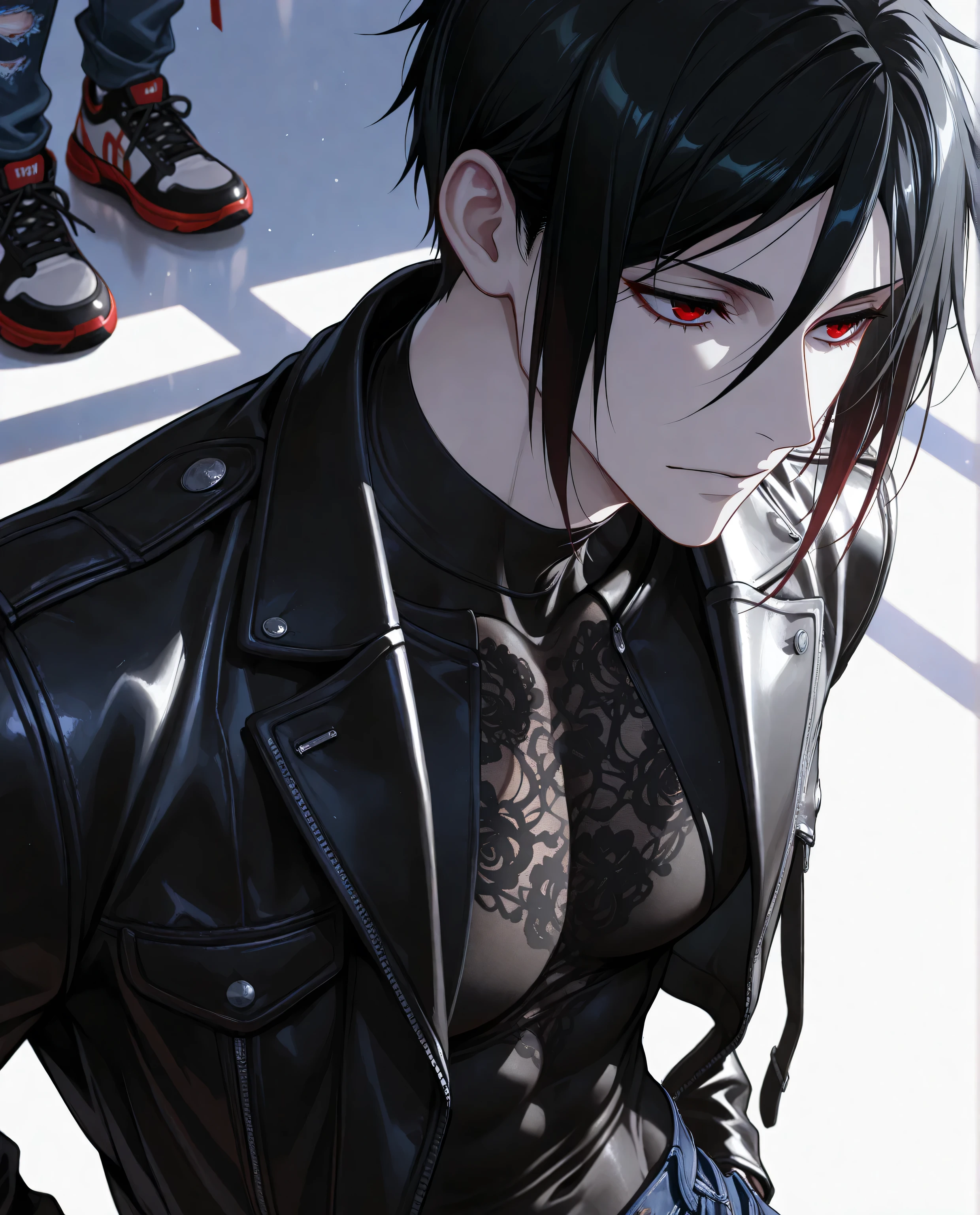 (masterpiece:1.2), (best quality:1.2), (very aesthetic:1.2), ,(newest),(highly detailed),(dynamic lighting),(cinematic lighting),1 man, adult, Sebastian Michaelis, Kuroshitsuji, solo, black hair, red eyes, handsome, sexy man, sensual, pale skin
,solo, cool_man_style, male cool clothes, cool fashion, intricate clothes, intricate accessories, intricate patterns, cool, stylish, compression shirt, black leather jacket, torn jeans, sneakers,  standing , upper body , (portrait), looking at forward,dynamic angle,cinematic lighting , cinematic angle, soft light , color detail, backlighting,long exposure,  intricate colors, vibrant colors, ,8K, UHD, abstract background, white background,  best quality, soft lines, clear details 