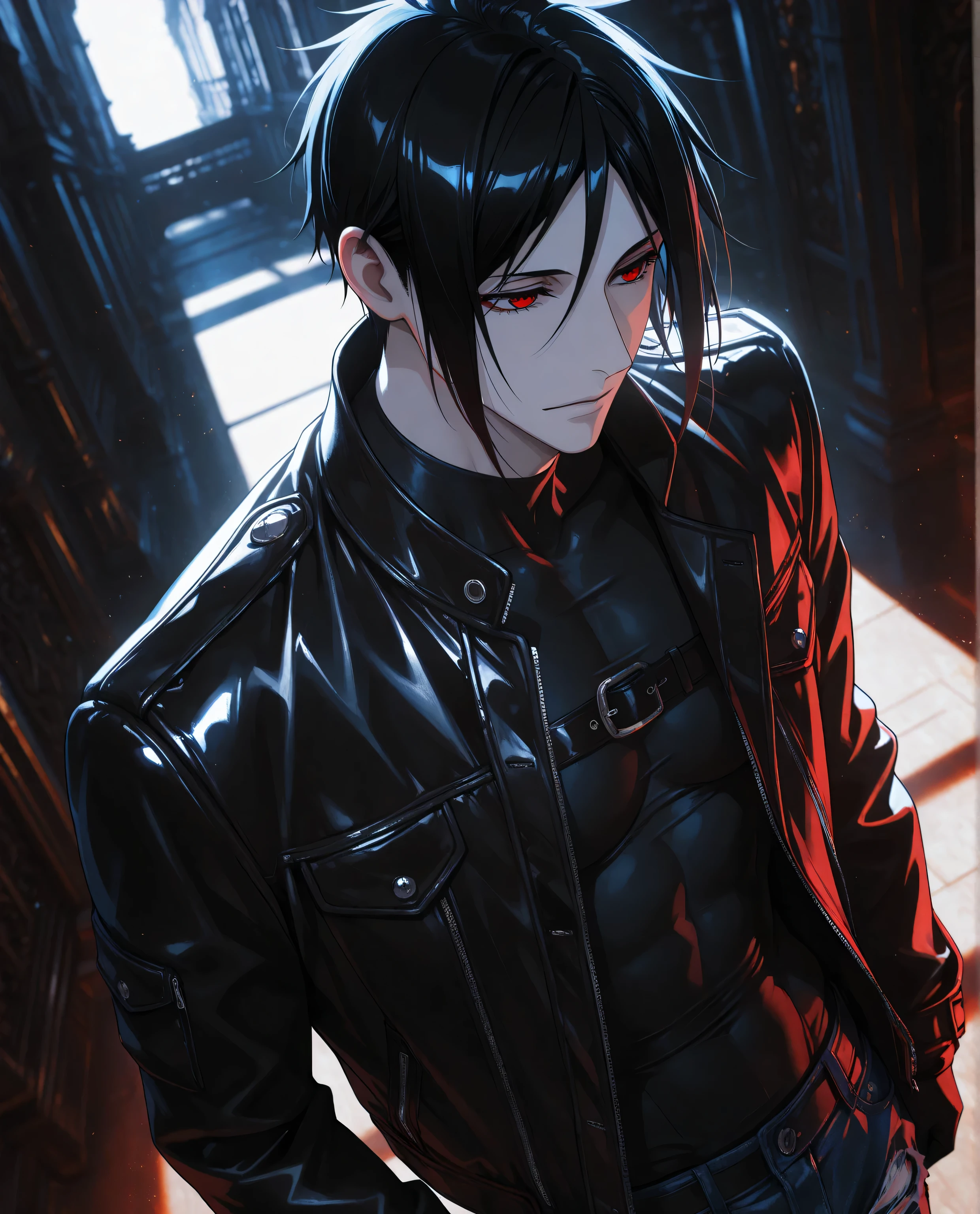 (masterpiece:1.2), (best quality:1.2), (very aesthetic:1.2), ,(newest),(highly detailed),(dynamic lighting),(cinematic lighting),1 man, adult, Sebastian Michaelis, Kuroshitsuji, solo, black hair, red eyes, handsome, sexy man, sensual, pale skin
,solo, cool_man_style, male cool clothes, cool fashion, intricate clothes, intricate accessories, intricate patterns, cool, stylish, compression shirt, black leather jacket, torn jeans, sneakers, standing , upper body , (portrait), looking at forward,dynamic angle,cinematic lighting , cinematic angle, soft light , color detail, backlighting,long exposure, intricate colors, vibrant colors, ,8K, UHD, abstract background, white background, best quality, soft lines, clear details