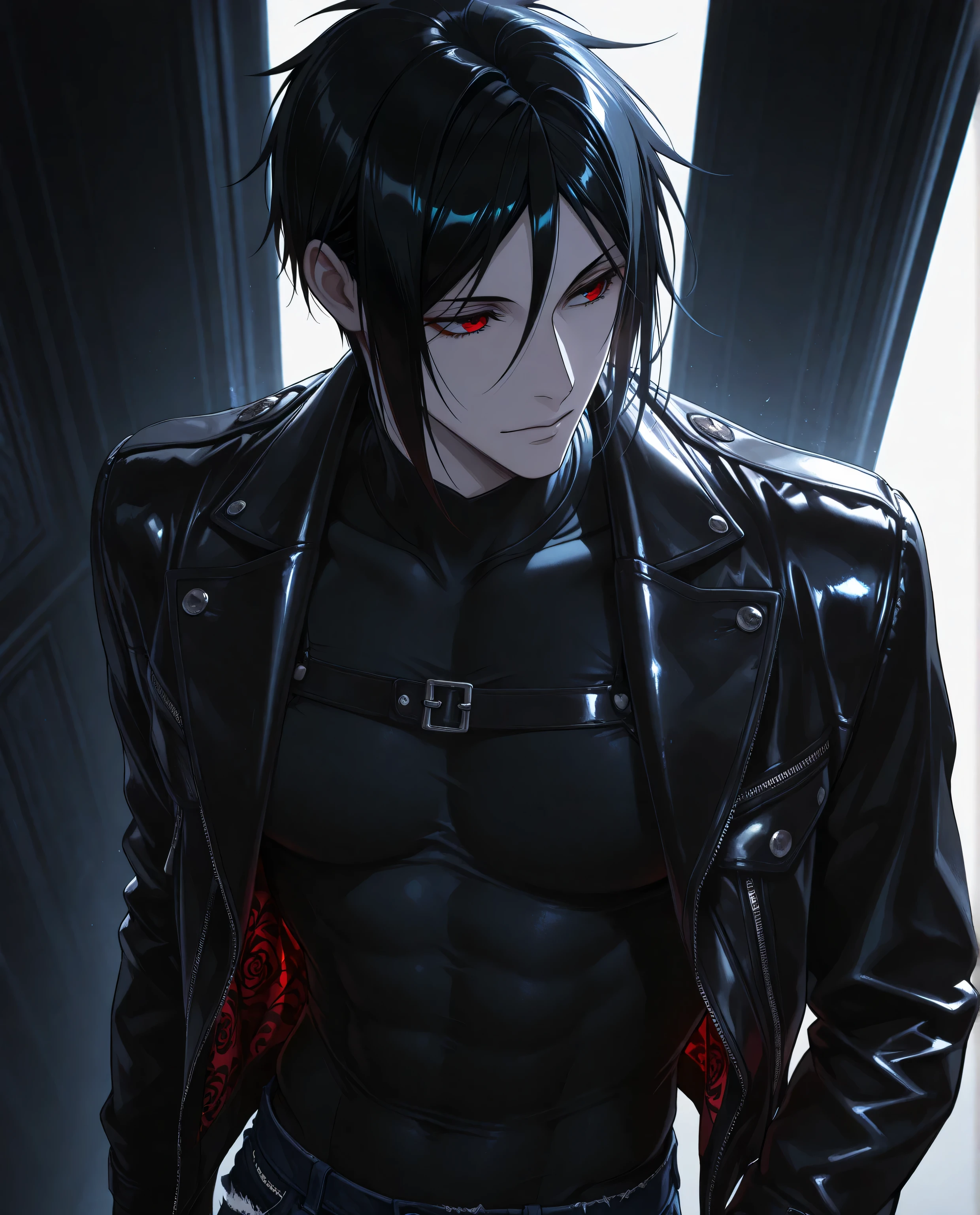 (masterpiece:1.2), (best quality:1.2), (very aesthetic:1.2), ,(newest),(highly detailed),(dynamic lighting),(cinematic lighting),1 man, adult, Sebastian Michaelis, Kuroshitsuji, solo, black hair, red eyes, handsome, sexy man, sensual, pale skin
,solo, cool_man_style, male cool clothes, cool fashion, intricate clothes, intricate accessories, intricate patterns, cool, stylish, compression shirt, black leather jacket, torn jeans, sneakers,  standing , upper body , (portrait), looking at forward,dynamic angle,cinematic lighting , cinematic angle, soft light , color detail, backlighting,long exposure,  intricate colors, vibrant colors, ,8K, UHD, abstract background, white background,  best quality, soft lines, clear details 