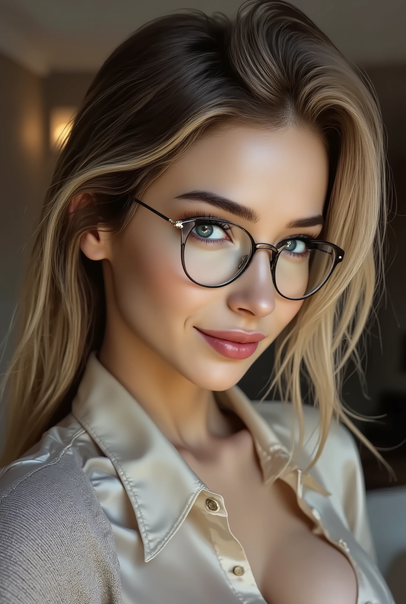 arafed woman wearing a collared satin blouse under a crewneck sweater, warm smile, gorgeous eyes, glasses
