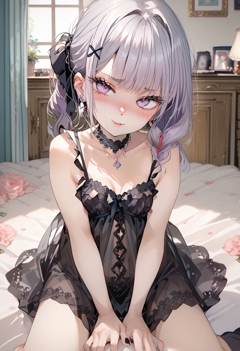 Hard Dark Gothic Makeup、Black dark eyeshadow、sad、Good skin radiance、Dark Gothicメイク、Dark smile、palace、The beauty of fragrance、24-years-old、Expression of intense sexual pleasure、Embarrassed look、Dark Gothic、Highest quality、Expression of sexual pleasure without pain、Drunk face、Purple maid outfit、Mysterious、noble、sexly、Loving smile、Twin tail hair、Right blue eye、Left eye is red、Super tempting pose、Platform Heel Shoes、Heavy makeup、Gothic Lolita clothes、Silver Hair、Long Hair Straight Hair、Cute Gothic Lolita Dress、Beautiful Face、elegant features、Attractive face、Stained glass background、Chest glistening with sweat、The room is dark、goth long dress、Bell Sleeves、Wizard Sleeve、Decadent look、Sexually excited expression、Glossy thighs wet with water、Thighs that are wet and shiny with oil、Background of a room full of roses、sad expression、Rose Maiden、The embroidery is pink、The dress has pink embroidery.、Thigh-high socks、Knee-high socks、Gentle expression、Dark black eyeshadow、Stained glass and rose background、thighs are a little thin、Female Duo、Female couple、dark church background、Stained glass、Black metal world、Dark Castle、Dark Room、Slender body、gothic long dress、Victorian dress、Small breasts、Hold the wine in your right hand、Hold the lantern in your left hand、pantyhose、The bed is covered with roses、Her thighs are shining with sweat、My body is wet and shiny、Lots of glitter on the thighs、sweating、My thighs are sticky from sweating、Sweat glistening on my thighs、The whole body is sweaty and shiny、I sweated a lot.、My thighs are sweaty、Wet thighy thighs are shining with sweat、A lot of sweat glistening all over the body、Slender body、Put your head on the pillow、Sleeping on a bed、Beautiful legs、Stretching legs、Lie down in bed、Lie on your back in bed、