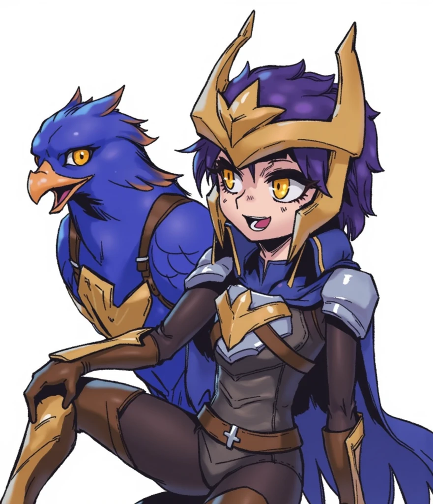 ((quinn \(league of legends\))), league of legends, 1girl, bird, armor, solo, crossbow, cape, cowboy shot, armor, (purple hair), short hair, gloves, blue cape, helmet, (yellow eyes), breastplate, bodysuit, breasts, bird, modelshoot style, (extremely detailed CG unity 8k wallpaper), full shot body photo of the best artwork in the world, professional majestic oil painting by Ed Blinkey, Atey Ghailan, Studio Ghibli, by Jeremy Mann, Greg Manchess, Antonio Moro, trending on ArtStation, trending on CGSociety, Intricate, High Detail, Sharp focus, dramatic, photorealistic painting art by midjourney and greg rutkowski