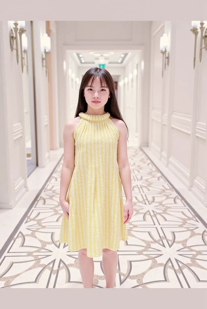there is a young girl standing next to a tree in a park, wearing wheat yellow gauze, on a sunny day, in a park, loli, with yellow cloths, organic dress, with a tall tree, kids, girl, with straw hat, bright sunny day, lady using yellow dress, wearing wide sunhat, summer dress, next to a tree