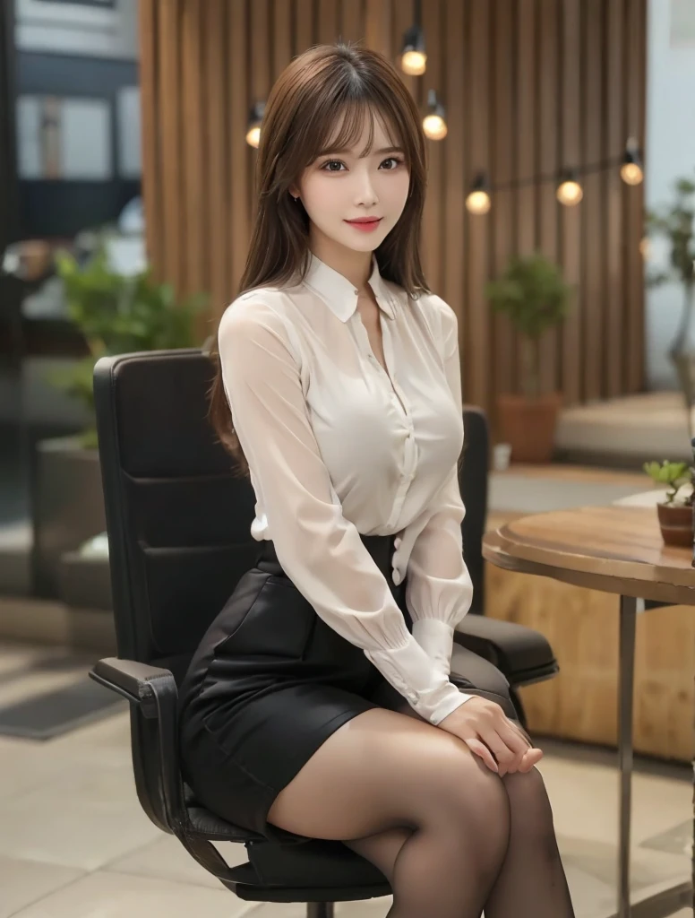 ulzzang-6500-v1.1, (RAW Photos:1.2), (Photorealistic), (Genuine:1.4), (Mastepiece), masterpiece, Absurd, The finer details, High resolution, Highly detailed face and eyes, Photorealistic, Perfect dynamic composition, Beautiful and delicate eyes, suit,short hair，Natural color lips, Sit on a chair，Crossing your legs, smile、25-year-old woman，Red Eyeshadow，Wearing pantyhose，Formal tight skirt、Full Body Shot