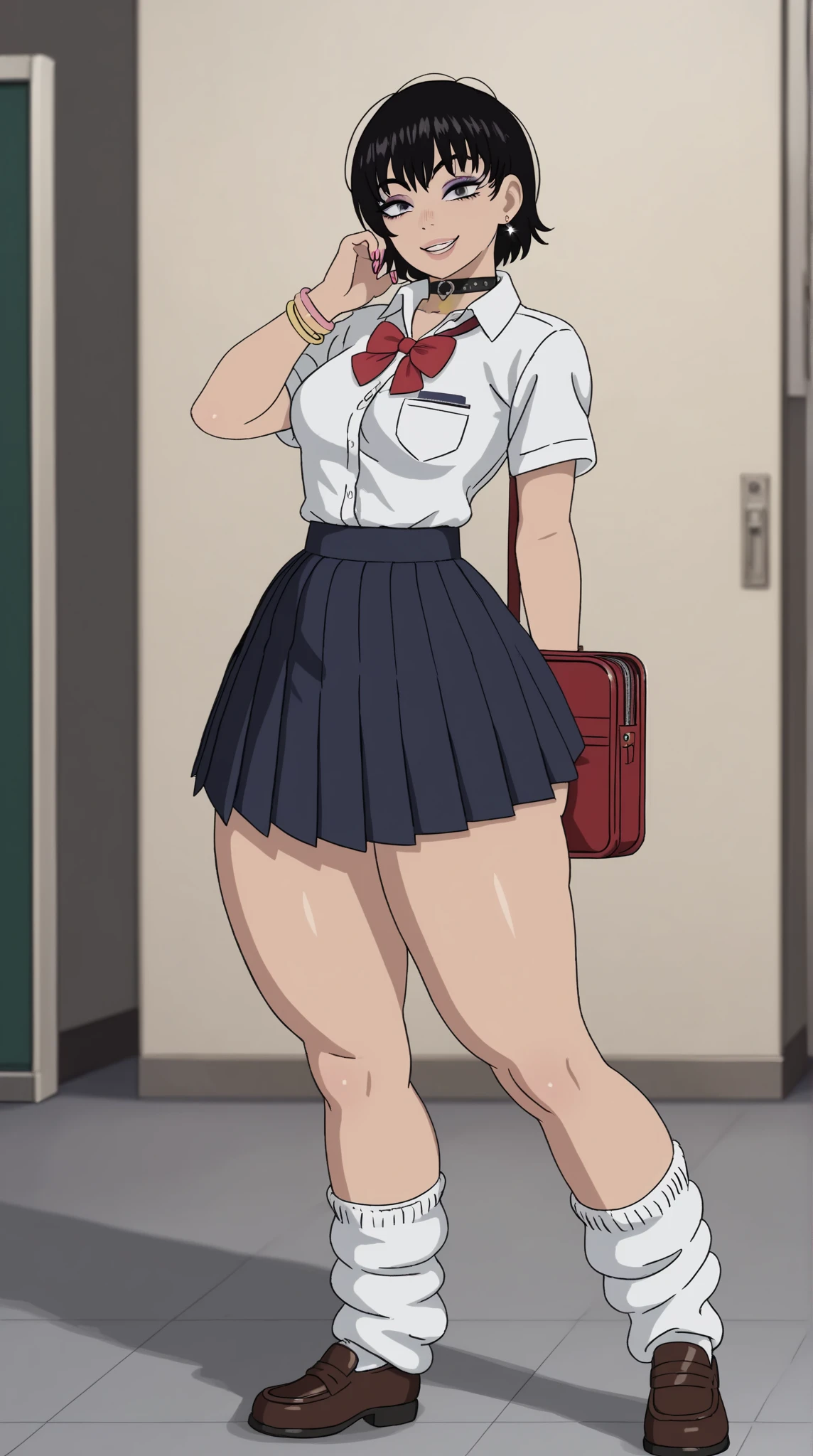 (top-quality、​masterpiece)、1girl in、A stunning、a blond、barechested、School Uniforms、Being at school、(((Brown skin tone)))、sun burn、Mole、(((Colossal tits)))、large full breasts、Sheer areol、Kicking、Pink underwear is visible、Show underwear、neck tie、I can see my chest a little、agitation