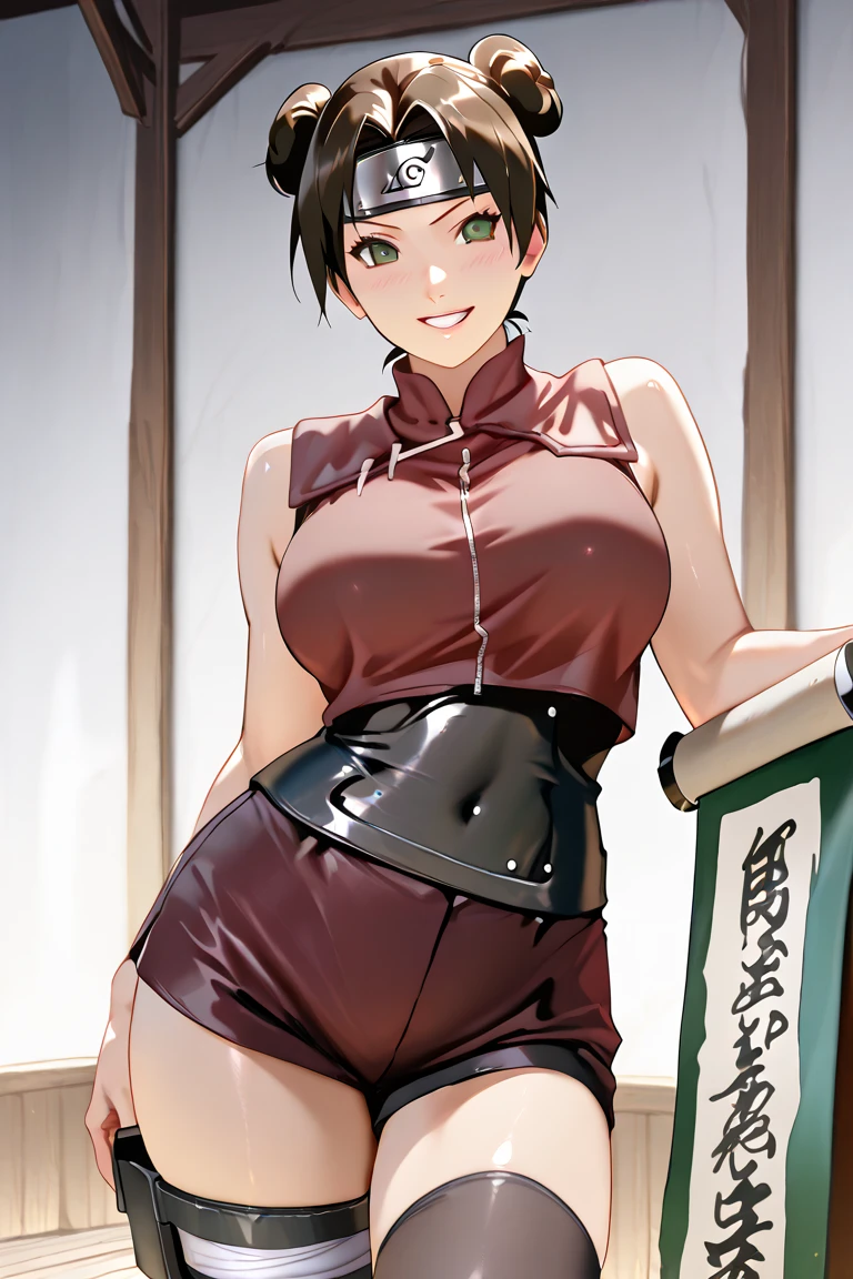 (masterpiece, best quality:1.2),((photoreal:1.1)),perfect anatomy,((solo:1.5)), ((alone)),((1 middle age woman:1.5)),(1 MILF),perfect eyes,((Maki Zenin)), ((looking at viewer:1.4)),((horizontal angle)),((view from the front:1.4)),(straight-on),shooting from front,lighting from front,((small breasts)),((small sagging breasts:1.4)),((muscular:1.2),((do not hide your crotch:1.4)),(cod lips),((standing:1.3)),(holding your head high),((hands on hip bone:1.3)),delicate and beautiful,((rubber chinese dress:1.2)),(beige rubber dress),long skirt,glasses,detailed hair,dark green hair,ponytail hair,baby bangs,high heel