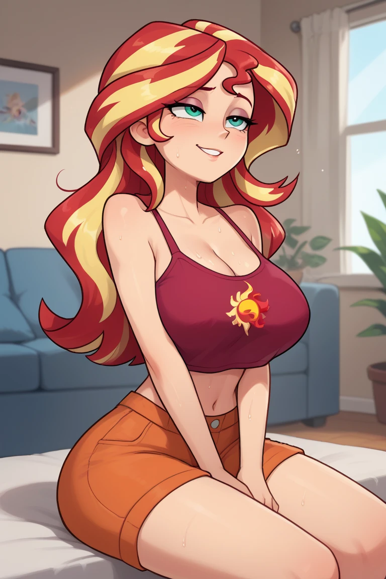 (NSFW:1.2), full-Length, Sunsethuman, Sunset Shimmer breasts exposed, Sunset Shimmer from my little pony, Sunset Shimmer in the form of a girl, big breasts, lush breasts, voluminous breasts, firm breast, detailed hands, two tones of hair, red and yellow hair, solo, one character, medium body, turquoise eyes, gentle smile, simple sunset, very beautiful fantasy art, beautiful and elegant female pony girl, red and yellow colour palate, red and yellow colour-theme, vintage t-shirt design, in the style of hand drawing, 3D vector art, fantasy art, watercolour effect, Adobe Illustrator, hand-drawn, digital painting, low-poly, soft lighting, isometric style, retro aesthetic, focused on the character, 4K resolution