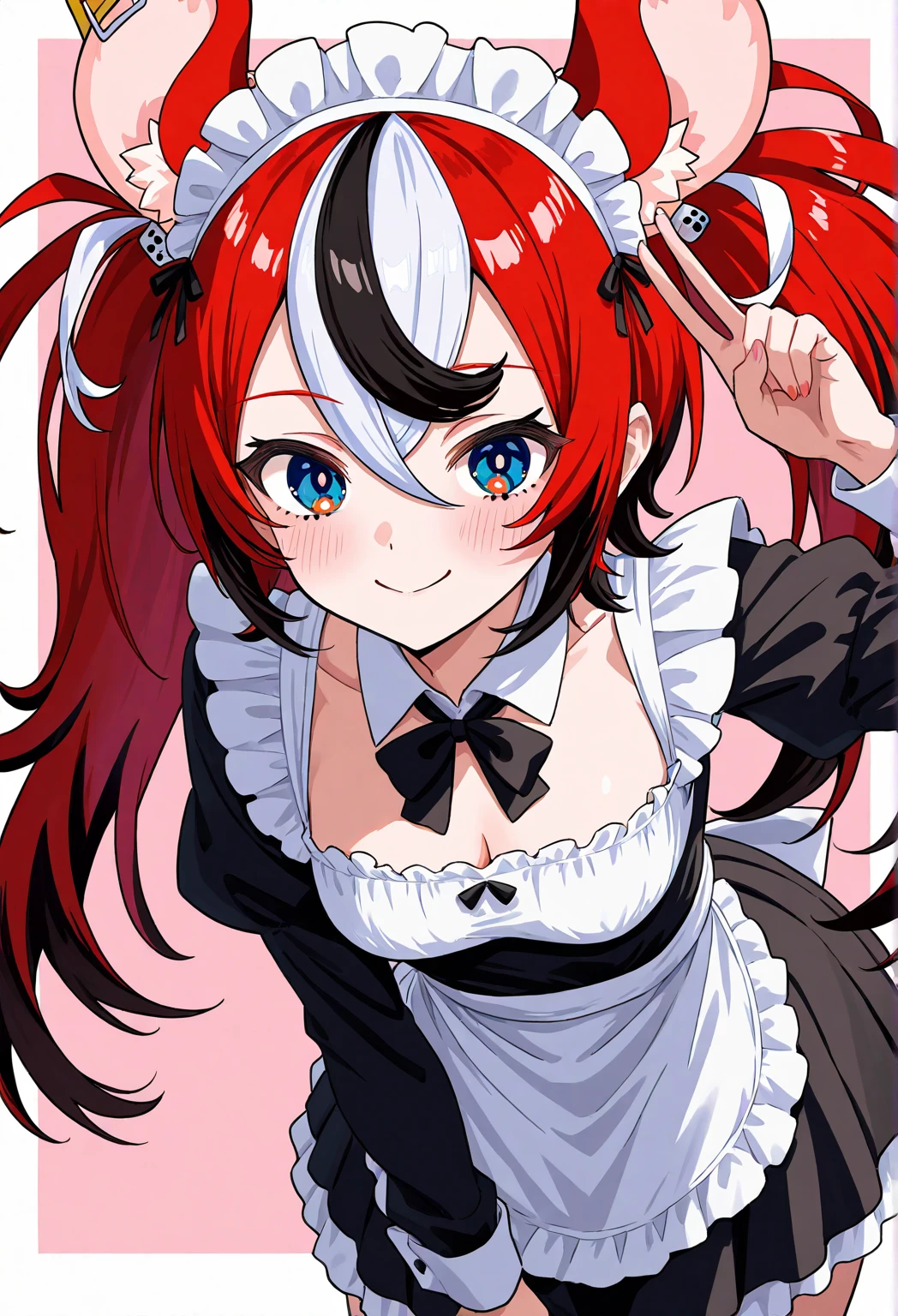 1 Girl, Medium Breasts, Dark Blue Hair, Fire Red Hair, Two Tone Hair, Split Hair Color, Multi Color Hair, Cyan Highlights In Hair, Twintail Hair Style, Long Hair, Emerald Green Eyes, Pale Skin, Smooth Skin, Soft Features, Nice Lips, Nice Smile, Cute Face, White & Black Royal Dress, Cat Girl, Neko, Cat Ears, Cat Tail, , White & Black Gloves,