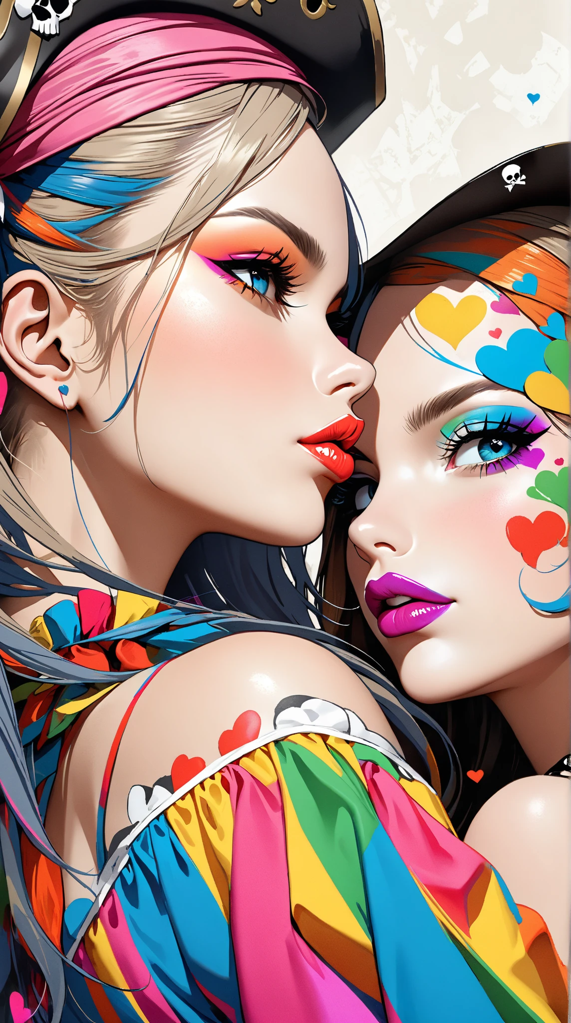 Paint leaking, thick Paint rainbow hair, open mouth, closed eyes, breasts covered with paint, ((sfw)), calm facial expression, relaxed, ((gentle smile)), paint instead of clothes, front view, sfw, small breasts, ((relaxed face)), relaxed shoulders, dynamic pose, liquid details, black background, no background, no frame, thick paint splatter, extreme detail, 3d, 8k, details, paint splatter on the face, short voluminous hair, two women standing, one woman licking paint off the other