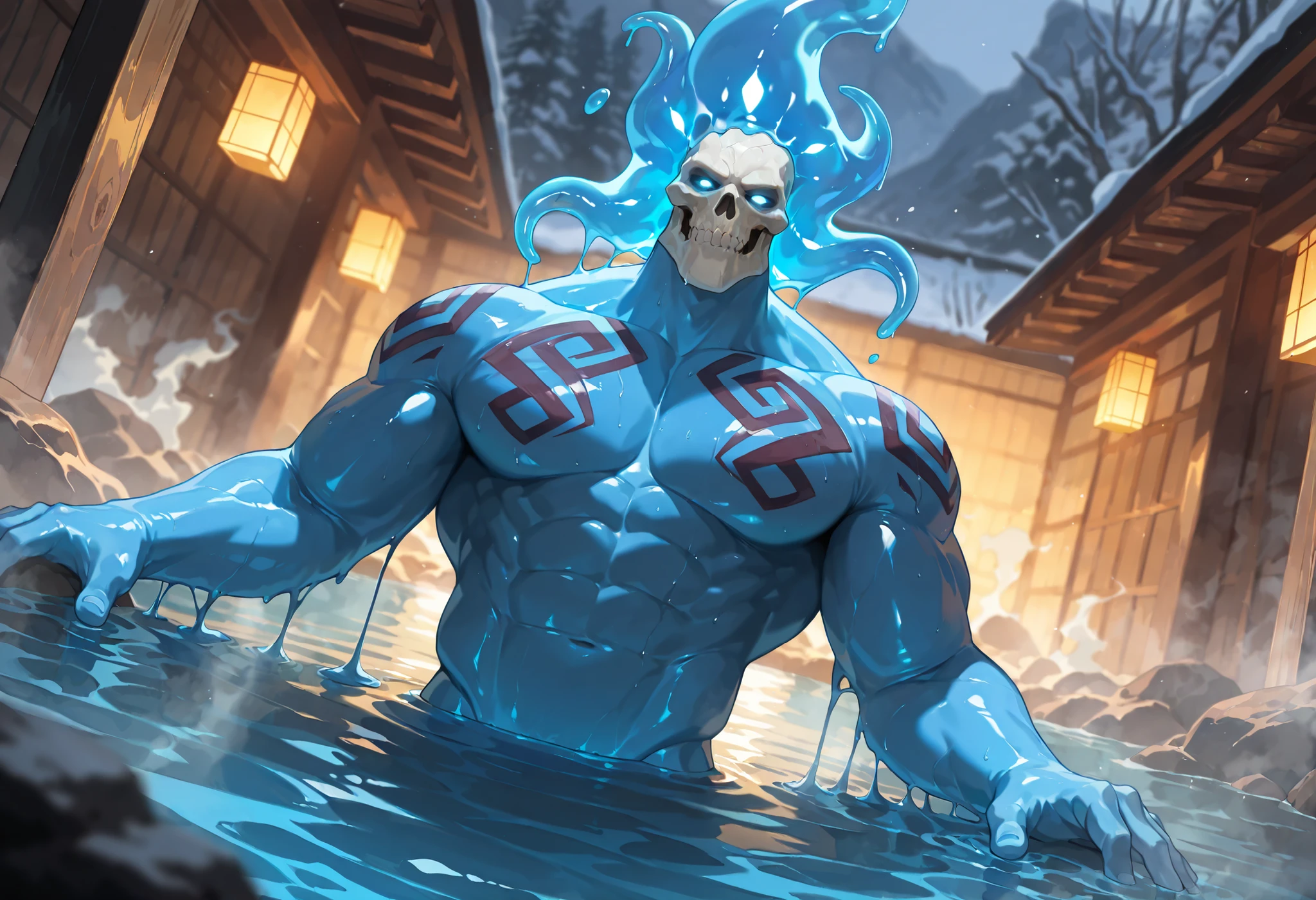 Expressiveh, cold stare, solo male, hungry, score_9, score_8_up, score_7_up, masterpiece, best quality, amazing quality, correct anatomy, high resolution, hyper-detailed, 1male, ((solo)), male, slime short hair, body made of slime, muscular, giant, goliath, slime of a brilliant turquoise blue tone, source_anime, haughty, slime in a form of a man, dominant, abs, eight pack, wide shoulder, mature, athletic, human like slime, goliath, body tattoo, skull head, tentacles from the head, humanoid slime with a gelatinous shape, slime maintains a humanoid figure, athletic, powerfull, transparent body, capable of changing shape at will, glowing eyes, with a wise and calm look, reflects his maturity and experience, moves with a unique elegance, as if it were floating and gliding through the air, front view, calm expression, medieval fantasy, relaxed expression, hotspring, soaking inside hotspring, ((hot steam)), dramatic lighting, detailed background, depth of field, dynamic pose, detailed background, dynamic composition, dutch angle, detailed backgroud, leaning back