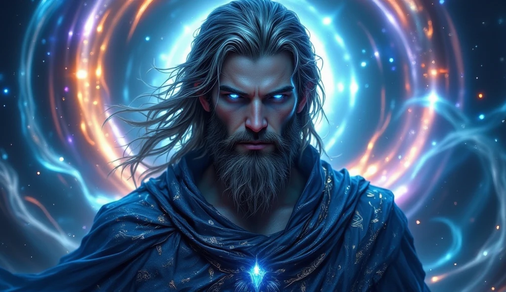 Create an epic, hyper-detailed illustration of Hermes Trismegistus. He must have hair as white as snow, Piercing blue eyes and a face chiseled with wrinkles that tell ancient stories. Your pose should be heroic and imposing, with the chest lifted and the chin slightly tilted upwards. Ao redor dele, a galaxy must emerge from your mind, with spirals of stars and dancing nebulas. O fundo deve ser um muro de graffiti com tags, adding a grunge and modern touch. The light should be soft and dramatic, enhancing your figure as a guardian of cosmic mysteries.