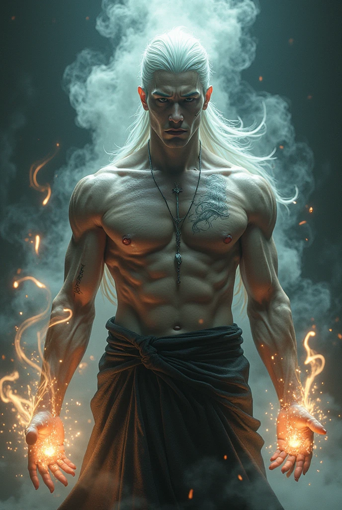 Skinny male with waist long white hair, fair skin and dark violet eyes in dark red clothes with fires up his arm and tears down his face