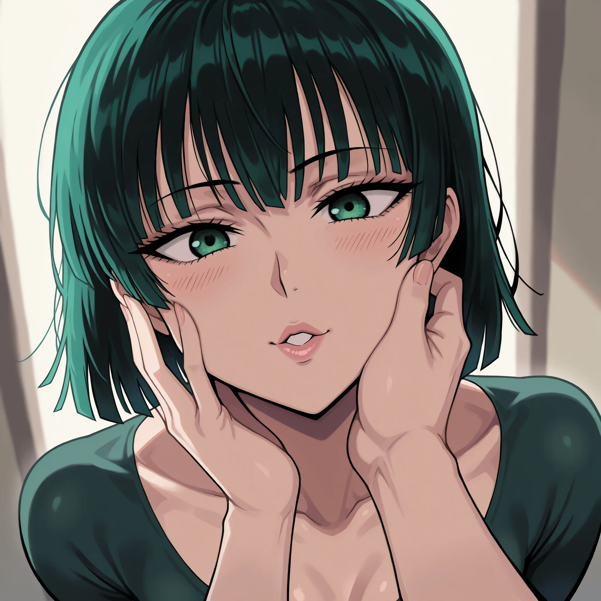 Fubuki from One Punch Man. She's giving stunning glamour beauty face expression shot, looking at user pov, one hand touching her own face cheek, extremely fair natural shiny skin, lips slightly parted, eyes wide, eyebrows raised, no clothes. Show head to neck closeup only, SOLO, and super hyper-detailed.