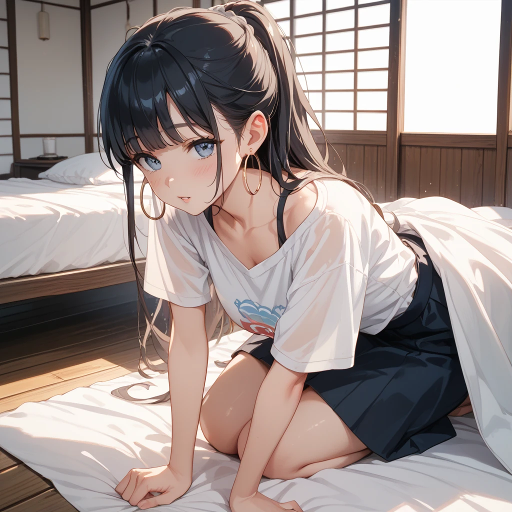Generate an anime scene depicting a caring yet authoritative anime mother gently disciplining her daughter with a warm, family-oriented atmosphere. The daughter should be playfully mischievous, bending over her mother's lap with a flushed explicit depiction of her bottom. Both characters should be dressed in stylish and tasteful attire, reflecting a modern and fashionable aesthetic. The focus of the scene should capture the bond between the two characters and convey a sense of affectionate discipline rather than overtly suggestive imagery