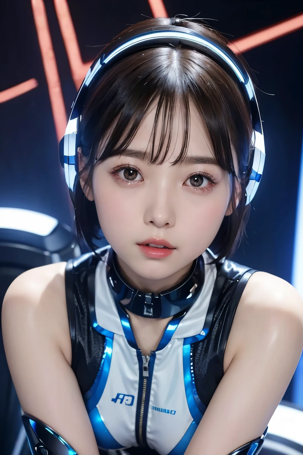 ８K, portrait, portrait, (alone), masterpiece, highest quality, It has a plasma ball that glows blue.、 (slim)、flat body、、cute、round face、、((close-up of face photo))、wear a gramophone costume、super crazy long hair