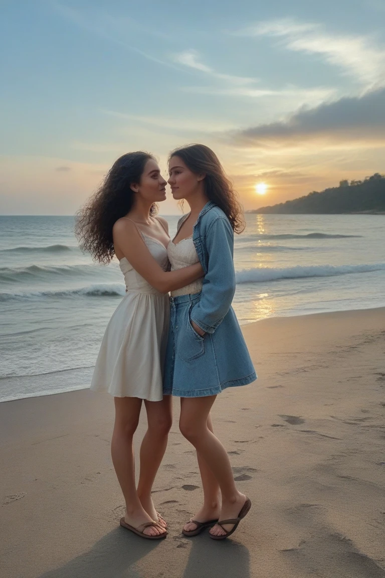 Beautiful lovers fall in love with each other on the garden with beautiful flowers and grass along the beach watching the waves