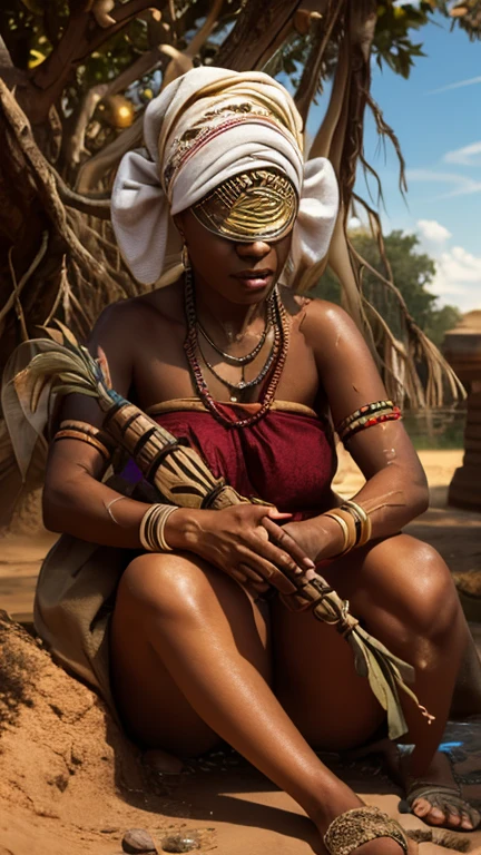 full body of a femme noire, African, shaman, skull necklar, jewelery, shaman clothes, dreadlocks, white hair,