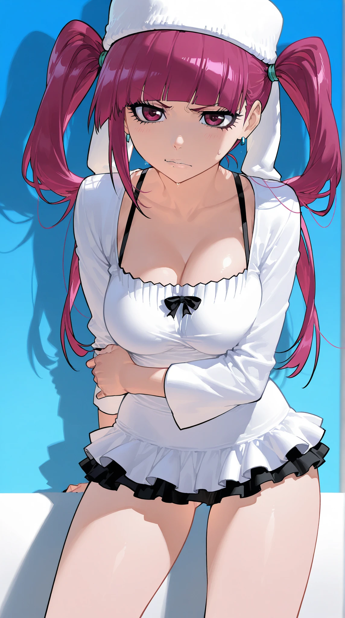 1girl, solo, nakano nino, pink hair, butterfly hair ornament, (naked:1.3), (white apron), large breasts, cleavage, thighs, cafe background, (blushing:1.3)