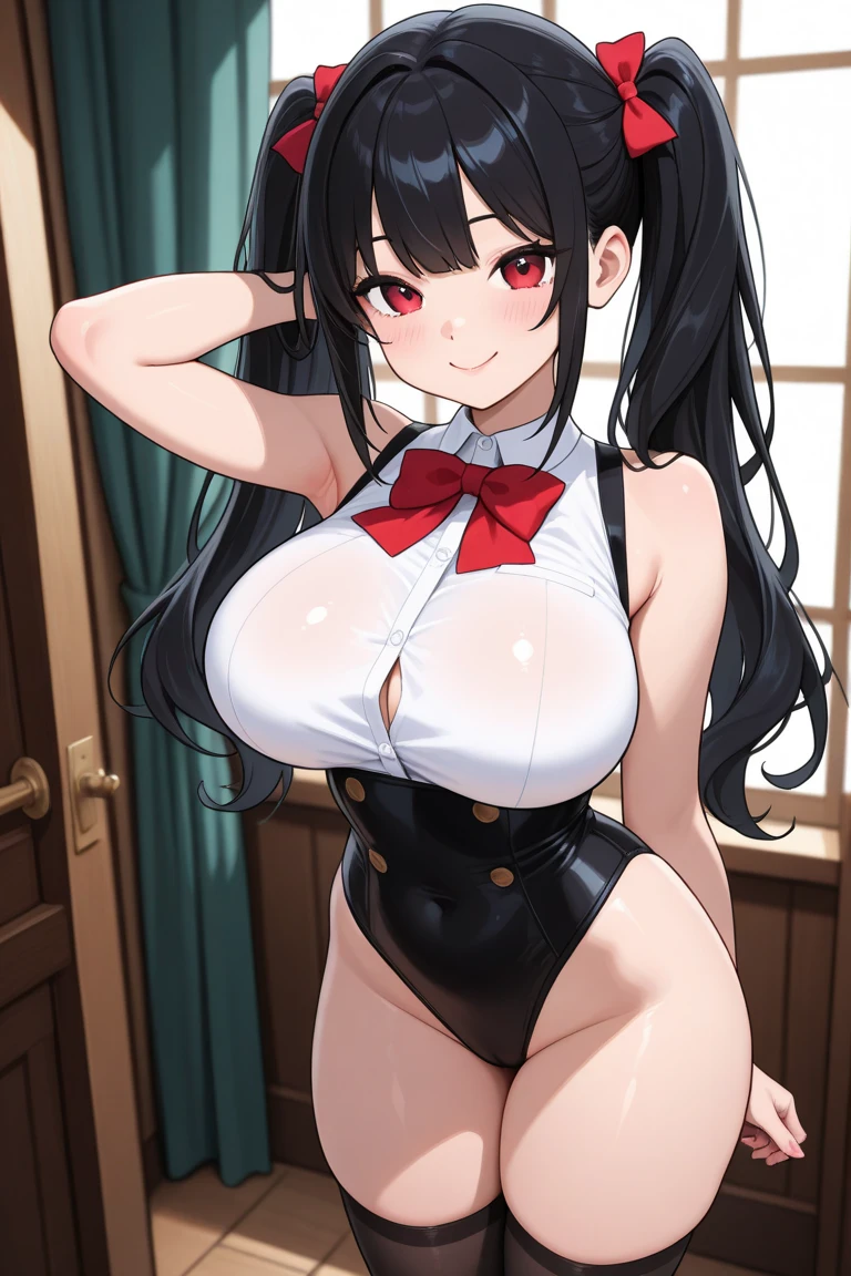 masterpiece、best image quality、ultra high resolution、 girl with big breasts、twin tail hairstyle、black hair、red face、shyly、Open your mouth just a little、Bunny girl costume that shows cleavage、rabbit ears headgear、Inside the entertainment bar、sitting on the sofa、beautiful feet、At night