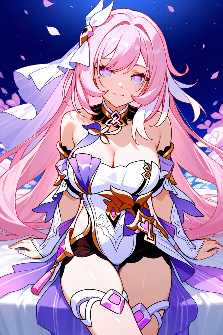 1 girl, game CG, white clothes, cleavage visible, shoulder visible, white short skirt, small white beret, jewel pendant, gigantic breasts, pink hair, long hair, straight hair, princess hairstyle, ahoge, pink eyes, smiles, plateaus, flower fields,