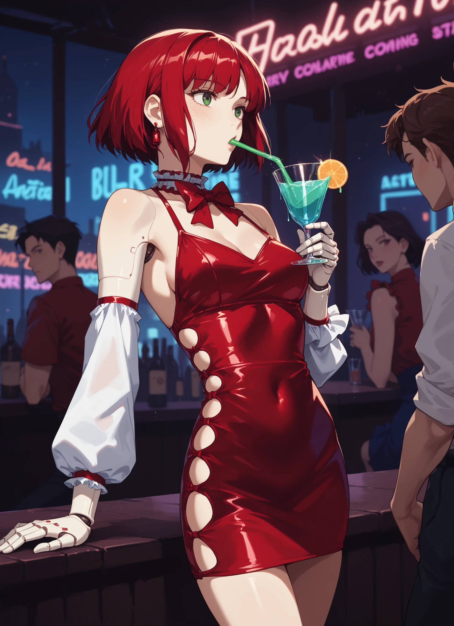 score_9, score_8_up, score_7_up, 1girl, dorothy haze, robot joints, short hair, android, redish eyes, light dress with pouf sleeves, red bow tie, neon light reflections on skin, neon lights background, low light, bar, drinking, tall classy glass, blue and green fluorescent liquid, depth of field, highly detailed, high contrast, film grain, Rim Lighting, long Exposure, DSLR, dasiwaAndD, microdress
