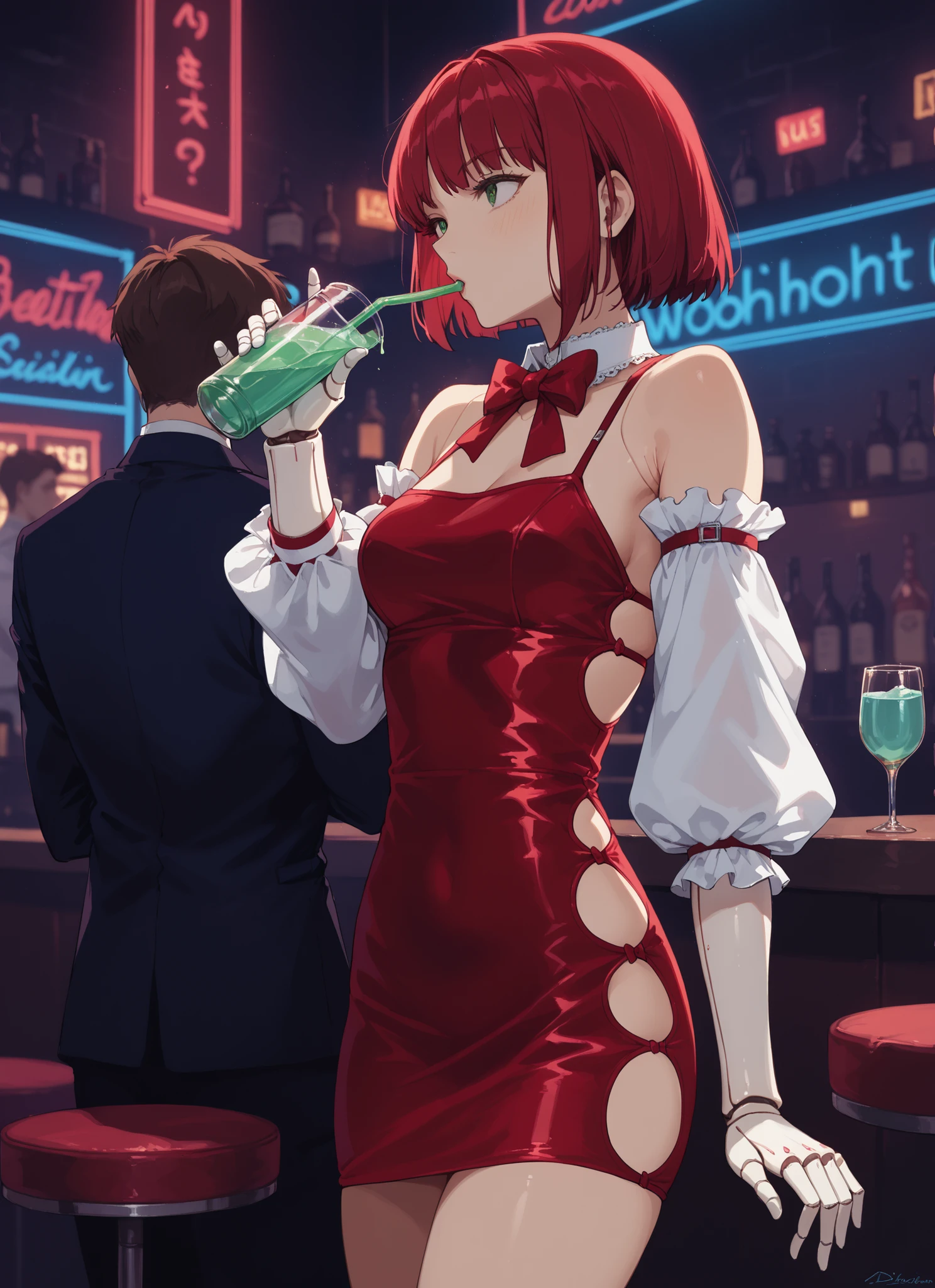 score_9, score_8_up, score_7_up, 1girl, dorothy haze, robot joints, short hair, android, redish eyes, light dress with pouf sleeves, red bow tie, neon light reflections on skin, neon lights background, low light, bar, drinking, tall classy glass, blue and green fluorescent liquid, depth of field, highly detailed, high contrast, film grain, Rim Lighting, long Exposure, DSLR, dasiwaAndD, microdress