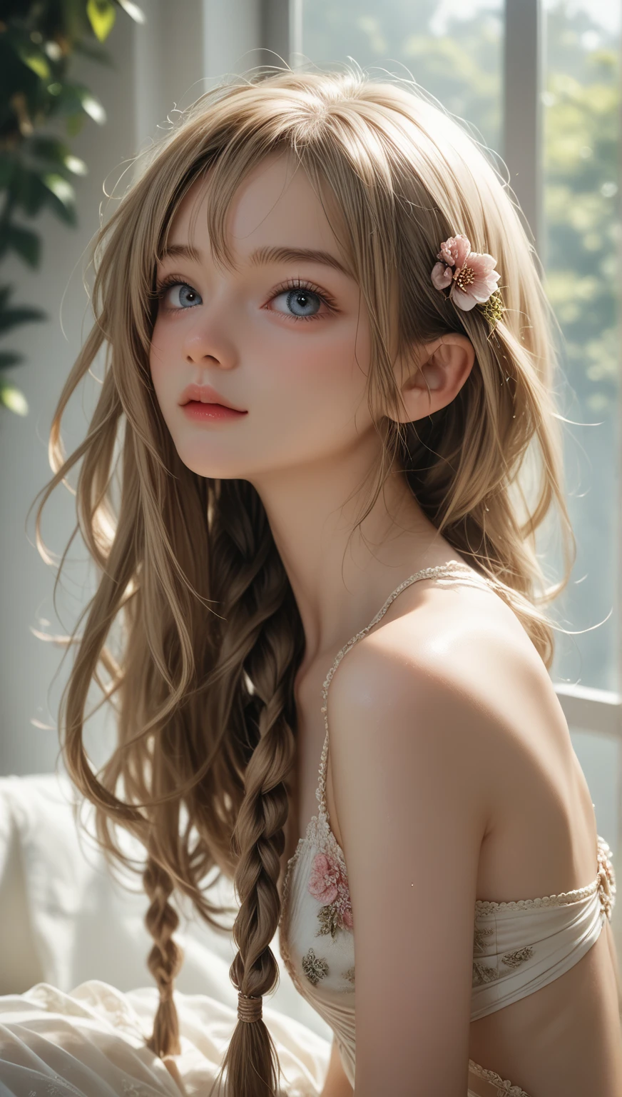 best quality、high resolution、very detailed、masterpiece、(live shooting:1.5)、bona fide:1.5、photobona fideistic:1.5、Very delicate and beautiful、small details、(European:1.5)、(open your legs:2)、Elegant and beautiful fairy portrait、She blends in with nature、Beautiful like a fairy、obvious, light나는 피부、Emerald green eyes、(Delicate and soft blonde hair)、light, Feather-shaped head ornaments and accessories、Elegant and flowing fairy-like attire、A background that harmonizes with nature
