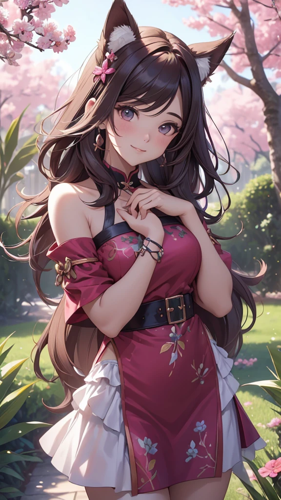 (masterpiece, best quality:1.2), 1girl, solo, medium breasts, shift dress, long hair, curly cut, hair ornament, looking ahead, sitting, leaning back, adjusting clothes, night, dappled moonlight, outdoors, historical garden, period architecture, landscaping, nature, flower, petals, plant, classical, elegant, antique, preserved, burgundy eyes, smirk, closed mouth, round chin, full eyebrows, small mouth