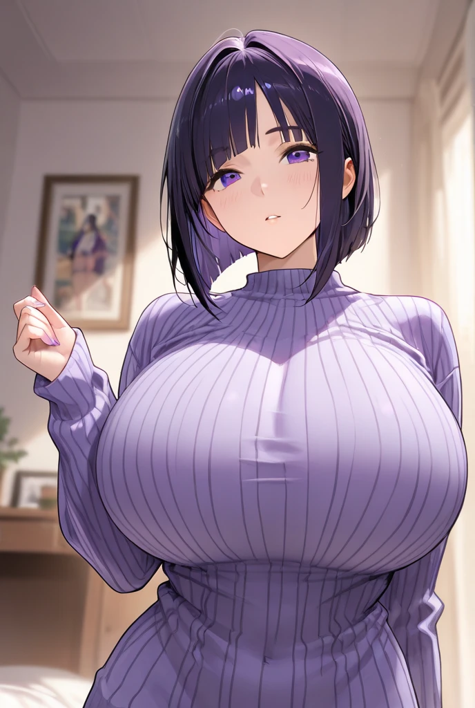 (Modern house interior/), Only one woman, Mature Woman, /(blue ribbed Sweater/), bangs, Black Hair、Bobcut、A gentle, blushing smile, (Masterpiece Top quality:1.2) Delicate illustrations, Very detailed, Large Breasts、No bra、、((Sweat,vapor,Vulgarity))、Tight sweater、Sitting on the sofa、Purple panties