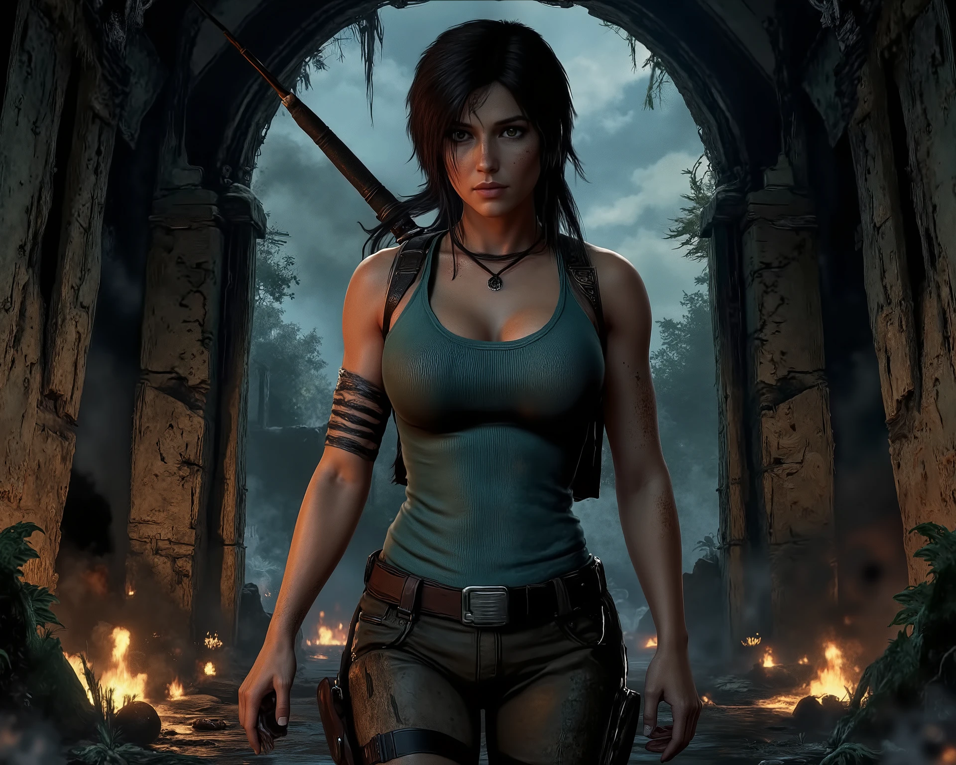 Lara Croft rises from a collapsing Mayan temple, a beautiful english female, Hair Dark brown, typically styled in a ponytail, brown eyes, body Athletic and curvaceous, large chest, tight Turquoise tank top, khaki shorts, Lara Croft Tomb Raider CGI, unreal, highly detailed, surrounded by a forest pushing her way through thick foliage leaving the ruined Mayan temple concurred 