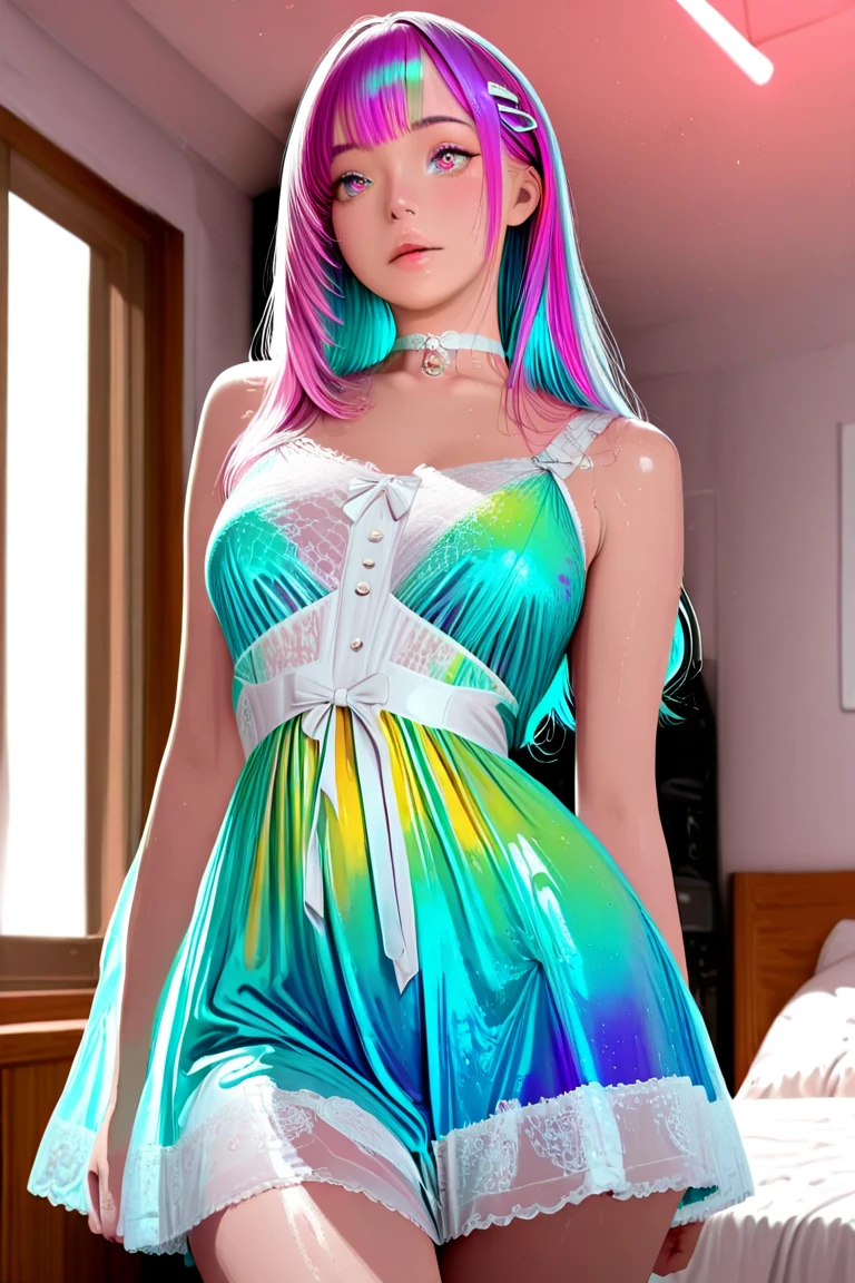 Smiling Barbie doll、Smiling Barbie doll、Smiling Barbie doll、 full body Esbian、Facing the front、(​masterpiece、hight resolution)、(1 girl in):1.2)、girl with、(Best Quality), (masutepiece), (1girl in), Solo, a beauty girl, Perfect face, Big Breast,dreamlikeart、Highly detailed airbrush art(((Surreal))、intricate detailes、Volumetric lighting、(​masterpiece:1.2)、(top-quality)、The ultra-detailliert、Highly detailed colorful details、(Irridescent color:1.2)、(Bright lighting、Atmospheric lighting)、Magical、dynamic compositions、Ray traching、The mirror reflects light、Shallow depth of field、ultra-detailliert、mixing  exposure、nffsw、Super masterpiece、Her eyes are glowing blue、