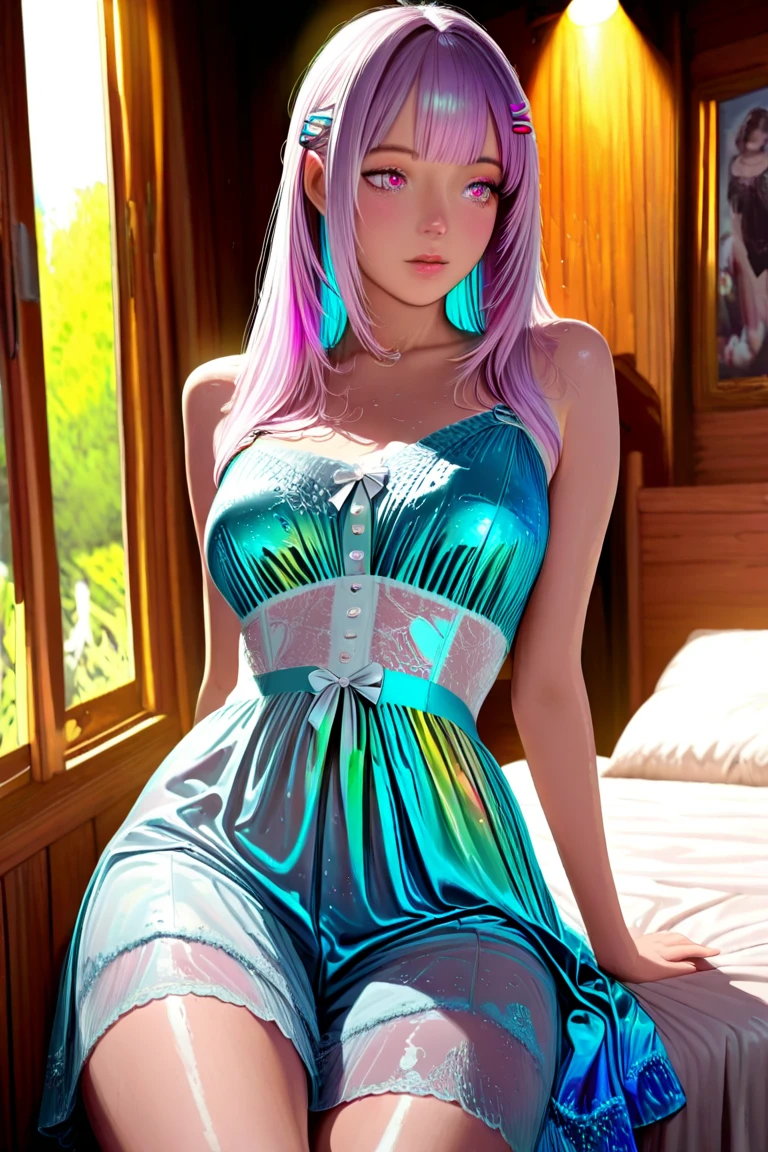 Best quality, Masterpiece, Portrait, Perfect anatomy, Femininity, Cool, Flawless, , Solo, Sexy, Stylish, Mature, Long light blue hair, Mole above lip, Red lipstick, Water drops, Sweat, Wet, Transparent dove sexy dress, in the room he lies on the bed and holds the phone in front of him