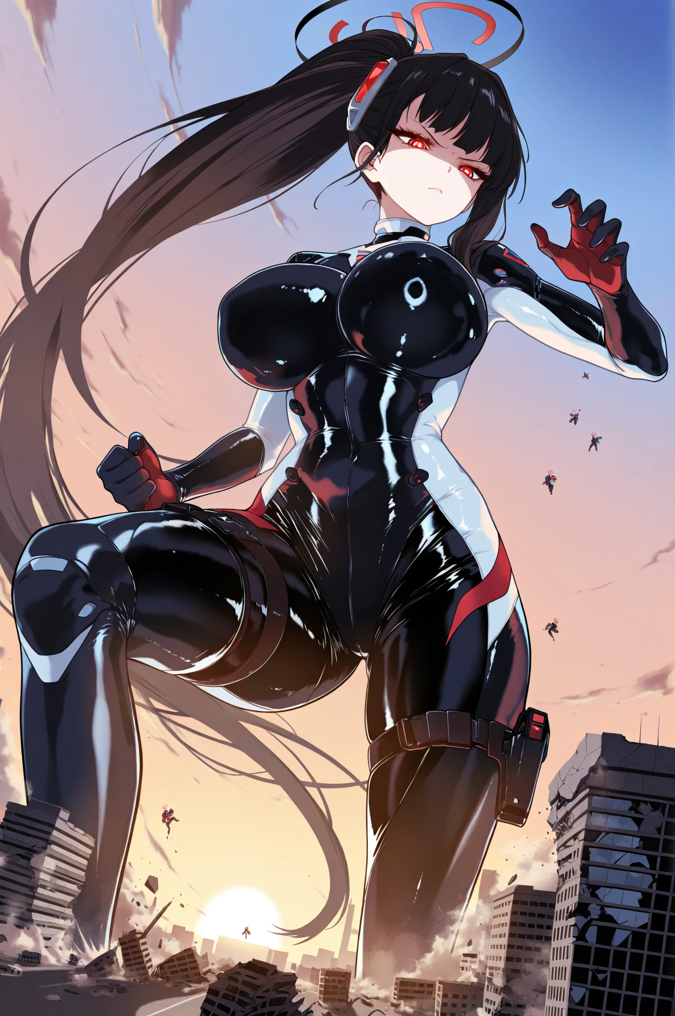ultra-detailed, Explicit, Beautiful body, Beautiful Nose, Beautiful character design, perfect eyes, perfect face, ultra highres, 4K, beautiful legs, perfect legs, Nice hands, Perfect hand, Masterpiece, Best Quality, Highly detailed, illustration, absurdres, perfect anatomy, street fighter, doll suit, shadaloo doll, dollsuit, expressionless, blank eyes, looking at viewer, red gloves, emotionless, black latex, corruption, mind control, female combatant, full body, hypnotized, unhappy trance, full body suit, ribbed bodysuit, both arms at side, obey, perfect female body, extremely glossy latex, hypnosis, hypnoLora, empty eyes, Blank eyes, Mind control device, poses, submissive_pose, Slave, lying down straight, lying down, lying down at attention, hat, necktie, belt, latex, ribbed bodysuit, thighhighs, garter belt, Fighting Stance, extending the right arm from the shoulder into the air with a straightened hand, military, thigh boots, 1girl, hair ornaments, black hair, long hair, red eyes, (((pixel-perfect, detail-perfect))), solo, 1girl, aya asagiri, mahoushoujosite, bangs, from back, view from back, looking from back, ass