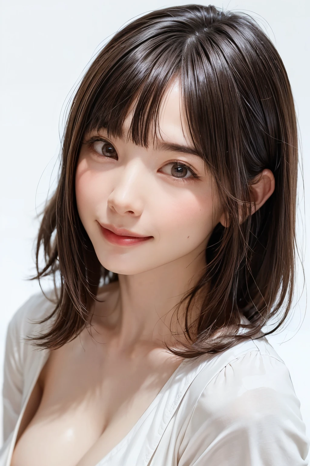 (masterpiece:1.3), (8K, Fotorrealista, raw photography, Calidad de imagen superior: 1.4), Chicas de secundaria japonesas、(Peinados al azar:1.2)、escote del pecho:1.2、Super detailed face、Ojo del detalle、double eyelid、Junta tu pecho、Sharp focus:1.2、mujer bonita:1.4、Light brown hair、de primera calidad、masterpiece、super high resolution、(Fotorrealista:1.4)、Professional and highly detailed lighting smile.、Prendas de punto holgadas y ligeras、hombro hacia afuera、esbelto、serious facial expression、de pelo corto、fatal position