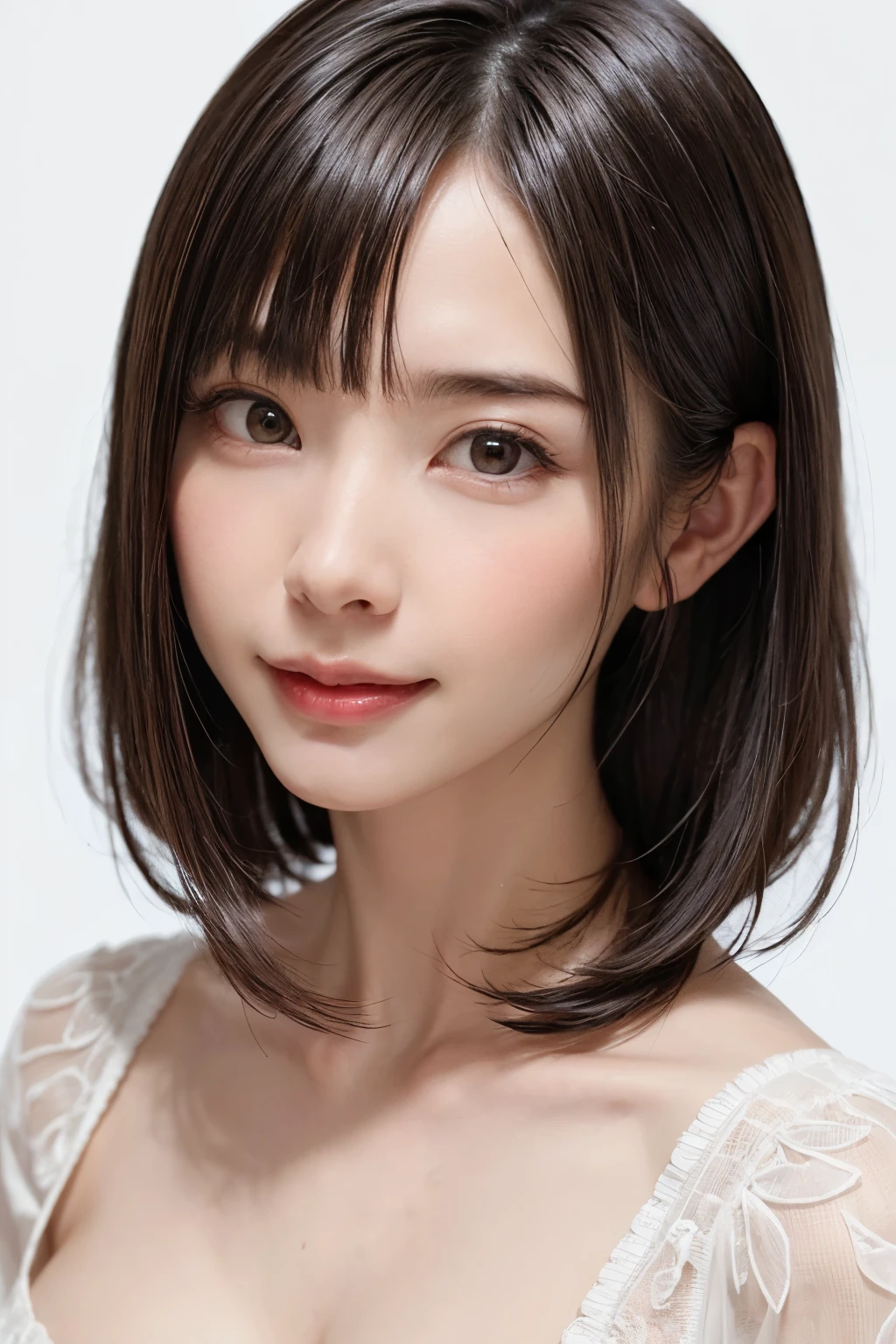 ((masterpiece, Highest quality, High resolution、Realisticですべてが美しく詳細に描かれている)), 1 person, (Realistic: 1.4), alone, White Background, snow-White Background, Mouth closed, smile, smile, Beautiful black hair, short hair, Big eyes, Transparent double eyelids, eyelash, Listen carefully, Long neck, 美しくLong neck, Absolute area, ((Face close-up)), (Draw the whole head, shoulder), 19 years old, Attractive proportions, Glowing Skin, Beautiful clavicle, Golden ratio face, Perfect Face, Teardrop-shaped mole, chestのほくろ, bangs, clean bangs, beautiful bangs, Lip gloss, Thin lips, Fair skin, naked, Big Breasts, {Huge|big|Hugeな|Mega} chest:2, chestの谷間:2,chestの谷間を見せる、Small face, Small face, All the heads are painted, shoulder all drawn, Point slightly above the camera